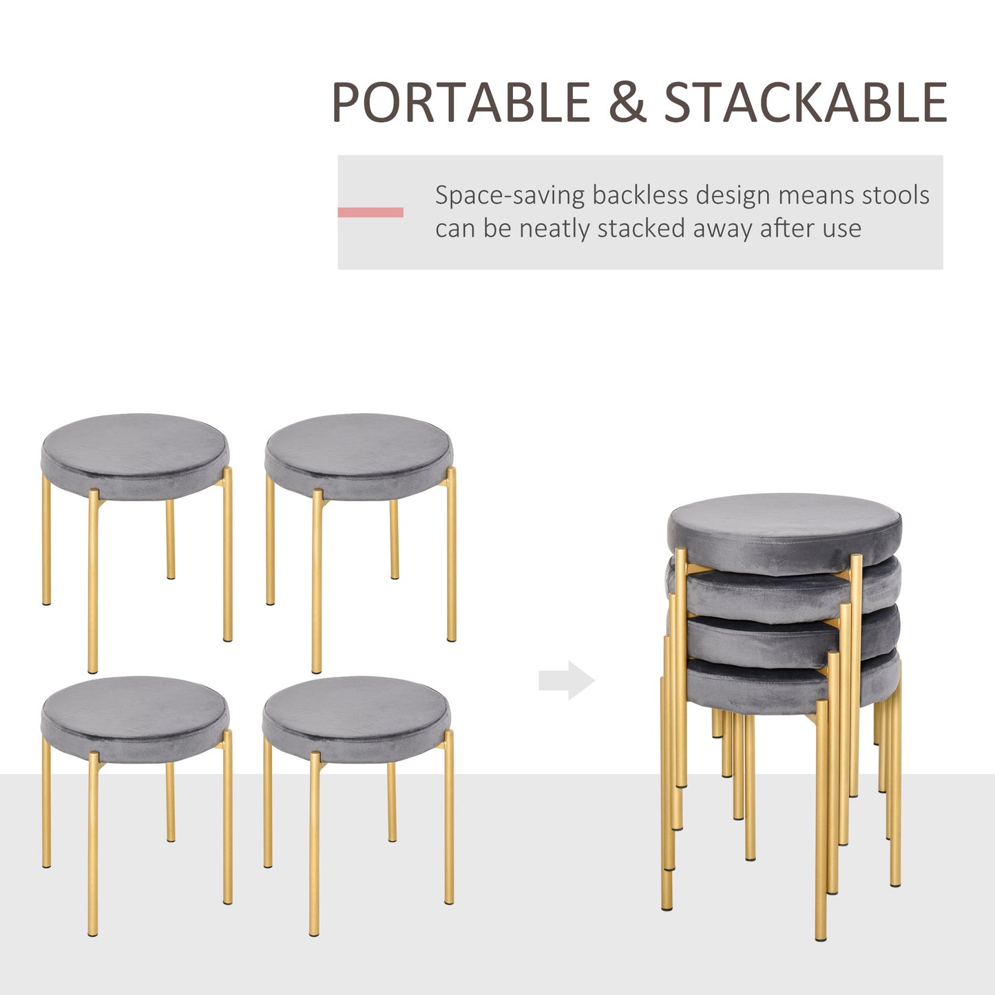 Modern Stacking Stools Set of 4, Backless Round Dining Chairs, Velvet-Touch Accent Side Chairs with Metal Legs for Kitchen, Grey