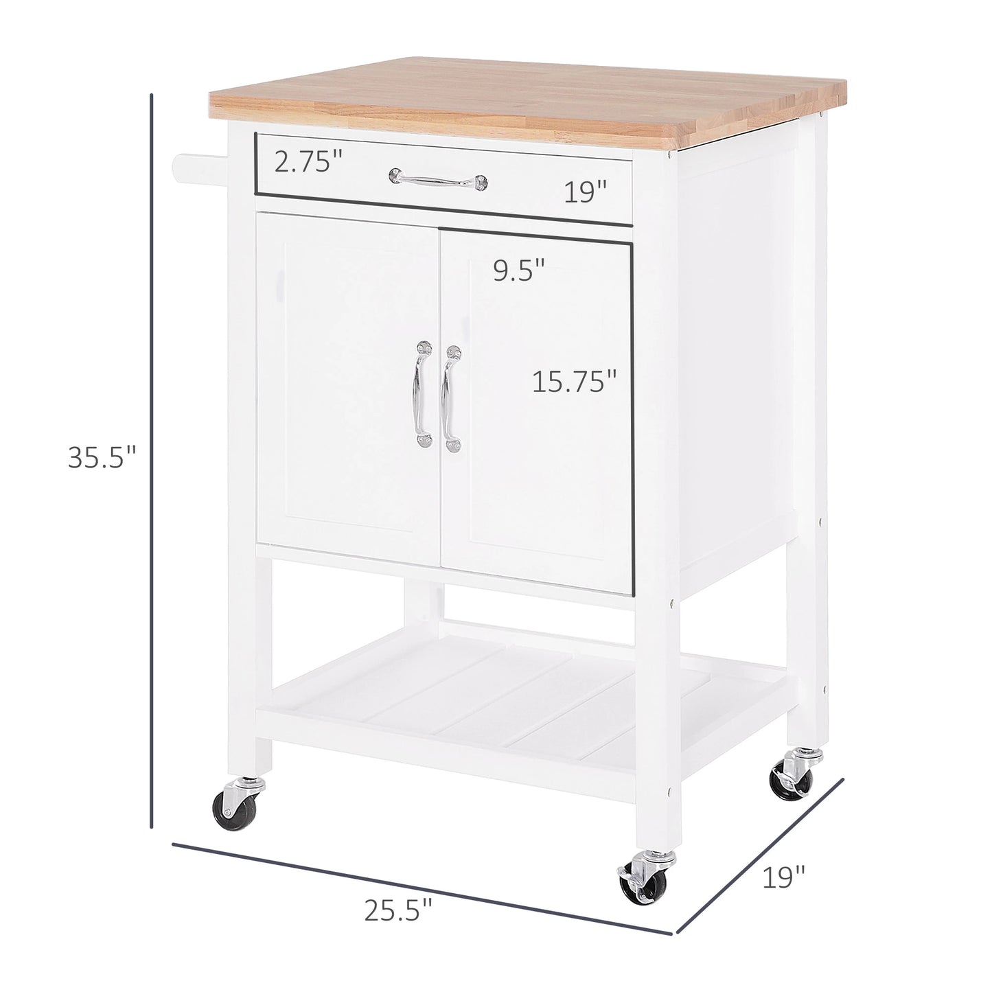 Kitchen Storage Cabinet Trolley Serving Cart Rubber Wood top Rolling Kitchen Island with Towel Rack and Drawer White