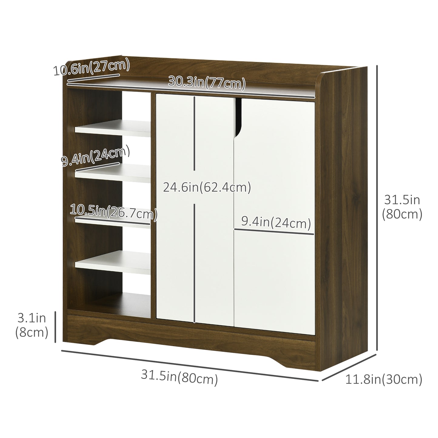 Shoe Storage with Double Doors and Open Shelves 13 Pair Shoe Storage Organizer for Entryway Hallway Brown and White