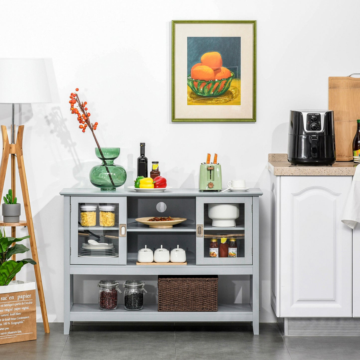 Modern Sideboard Accent Console Table Buffet with Glass Doors & Storage Shelf, Grey