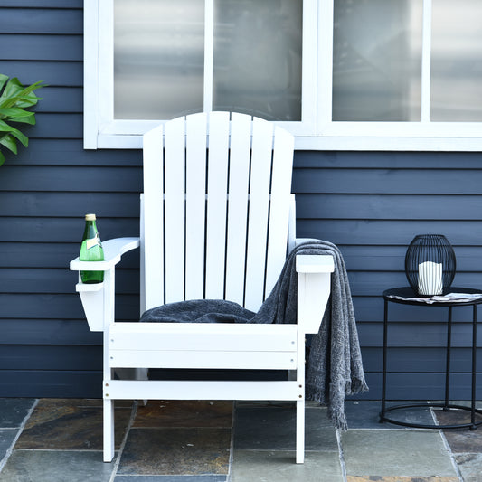 Classic Adirondack Chair, Muskoka Chairs, Garden Deck Chair with Cup Holder for Patio, Indoor, Backyard, White