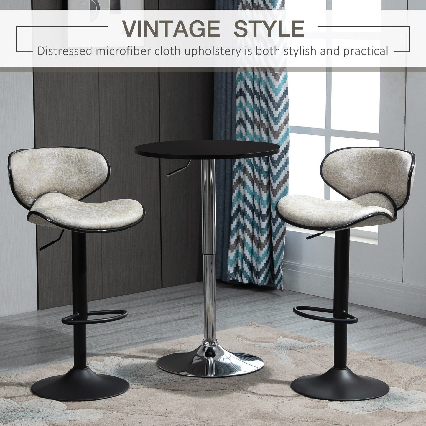 Vintage Bar Stool Set of 2 Faux Leather Adjustable Height Armless Chairs with Swivel Seat, Grey