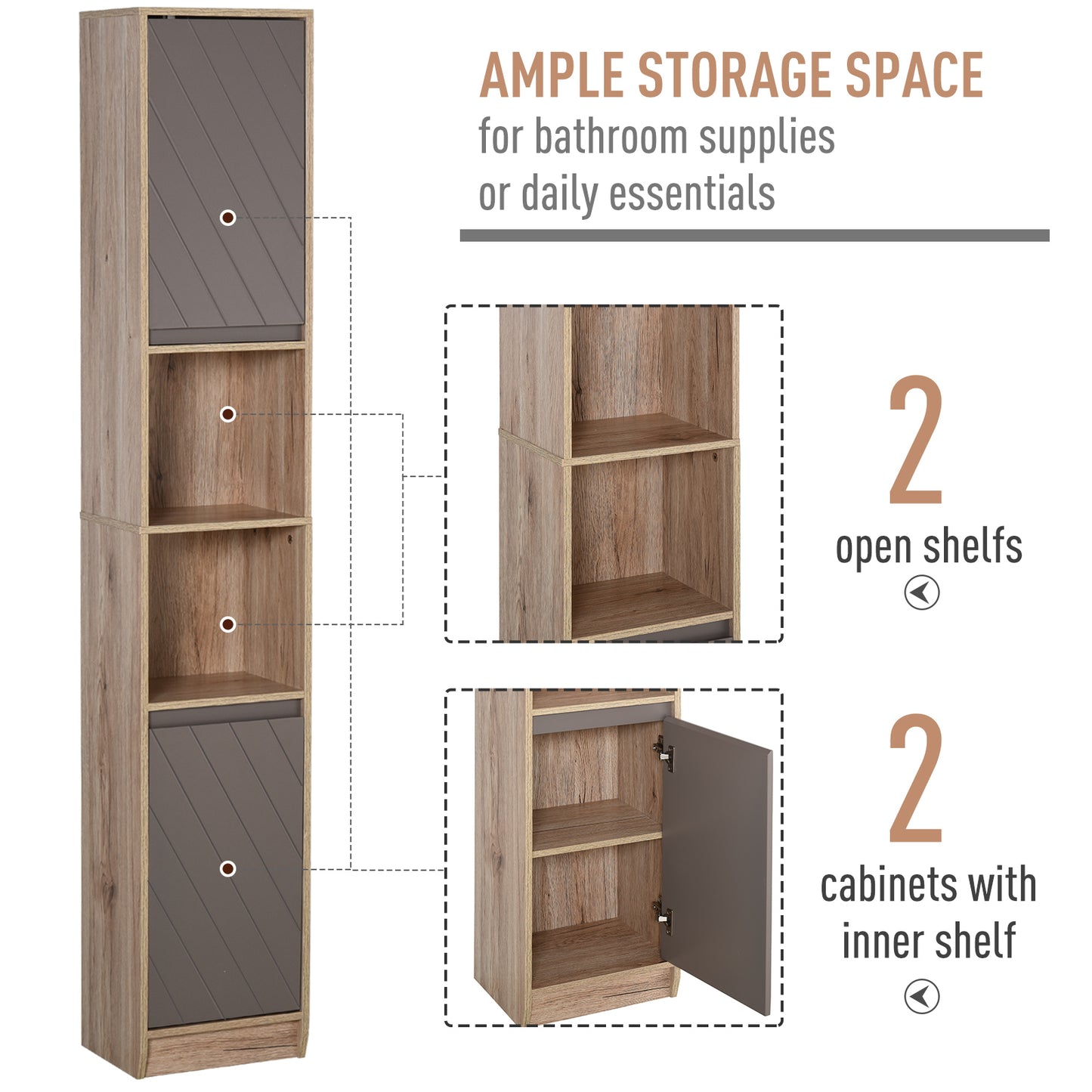 7''/170cm Freestanding Bathroom Tall Storage Cabinet Organizer Tower Cupboard Shelves Wooden Furniture