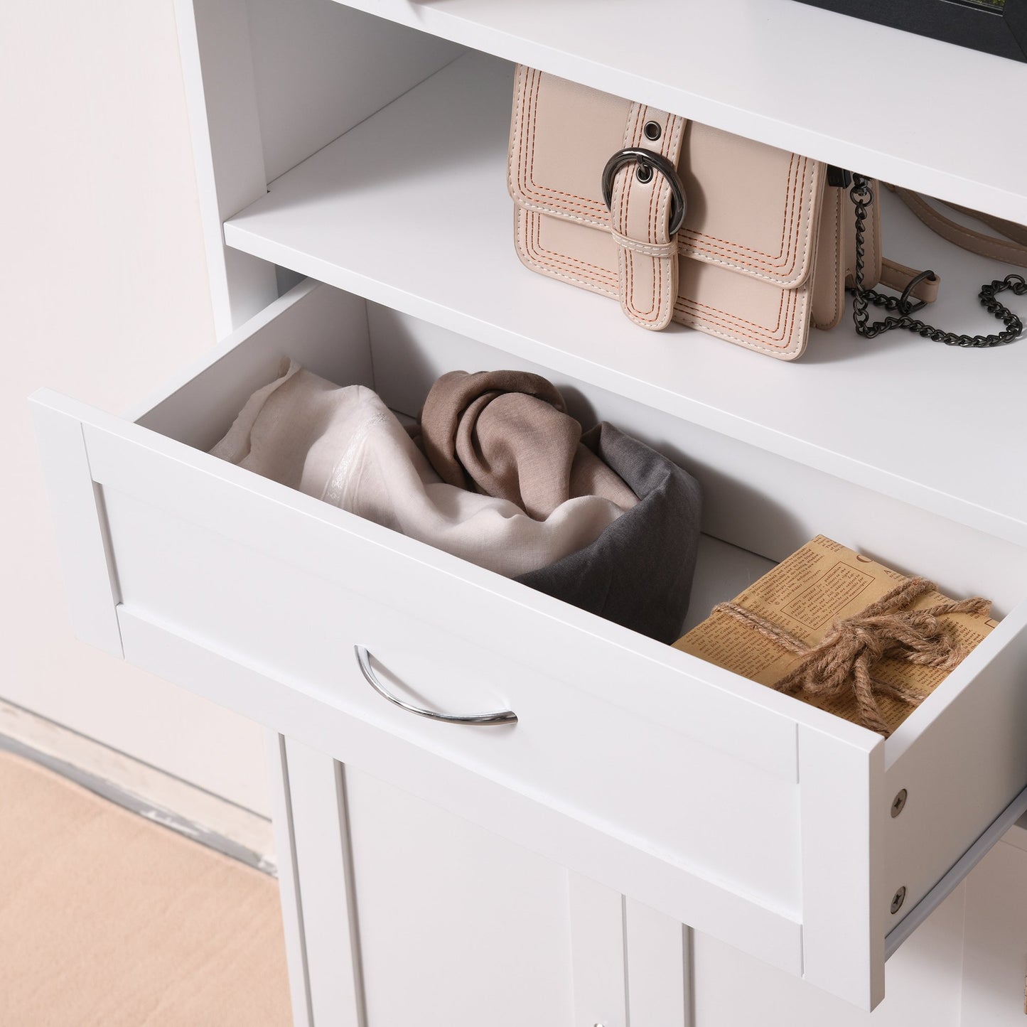 Bathroom Floor Cabinet Freestanding Cabinet with Storage Shelf, Drawer and Adjustable Shelf, White