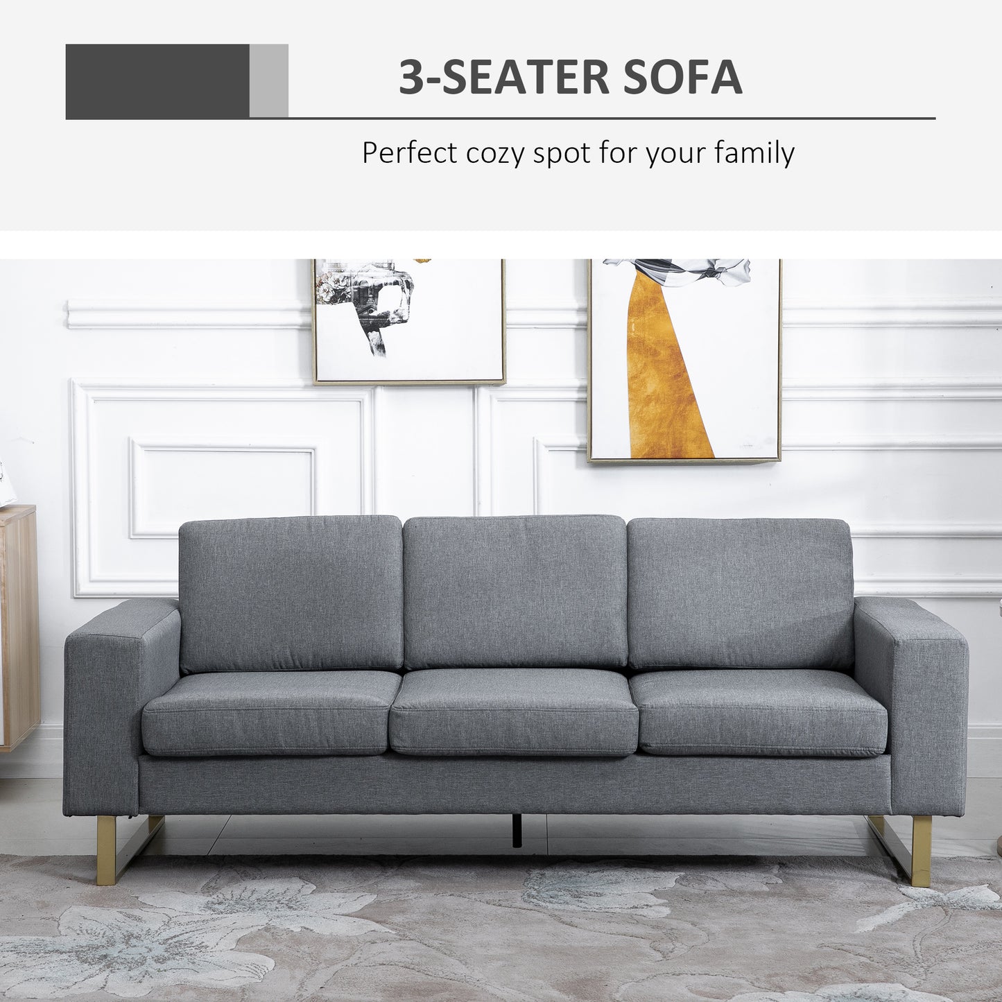 Modern 3 Seat Sofa, Linen Upholstered Cozy Padded Couch with Steel Leg, Backrest and Wide Armrest, Grey