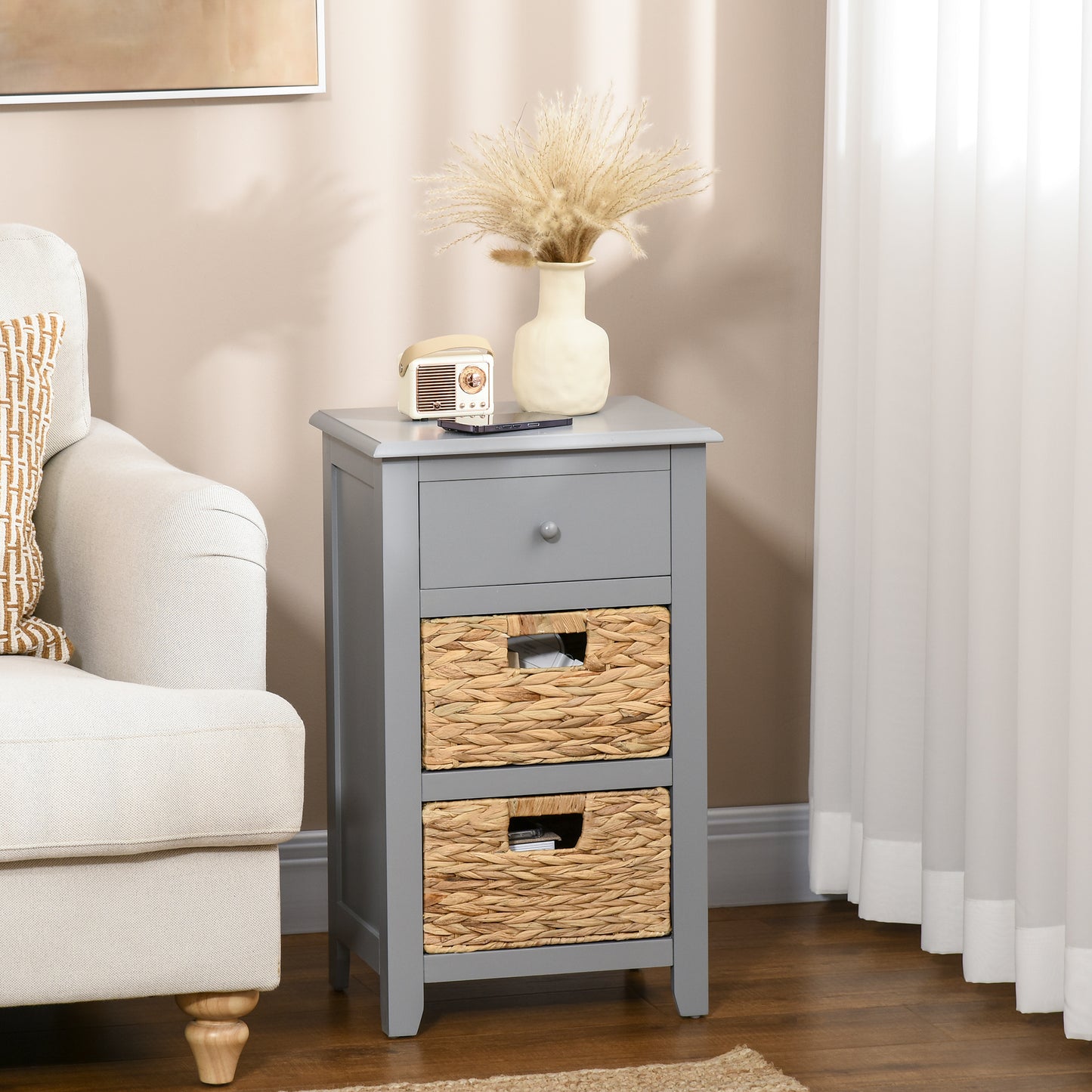 End Side Table with Removable Woven Baskets and Drawer for Living Room, Bedroom, 15.6"x11.8"x26.2", Grey