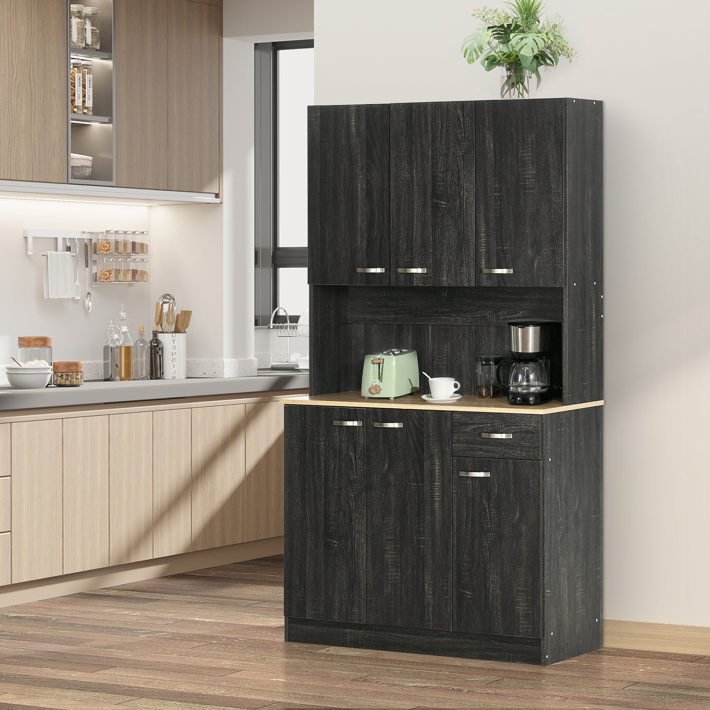 71" Modern Buffet with Hutch, Standing Kitchen Hutch with Storage Cabinets, Drawer, Open Space with Microwave Stand, Black