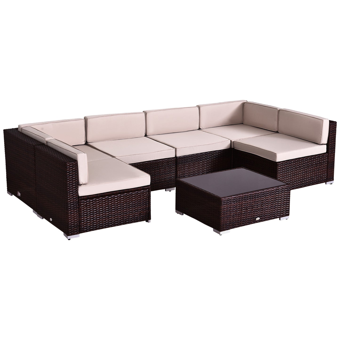 Outsunny 7 Pieces Patio Furniture Set, Outdoor Garden Sofa Set Sectional Set All Weather Rattan Conversation Set, Brown Khaki