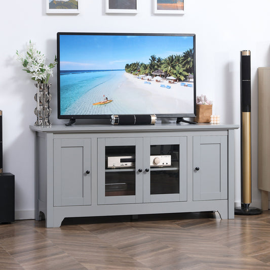 Modern TV Cabinet for TVs up to 60", TV Stand with Glass Door Cabinets and Adjustable Shelf, Media Console with Cupboards Cable Holes, Grey