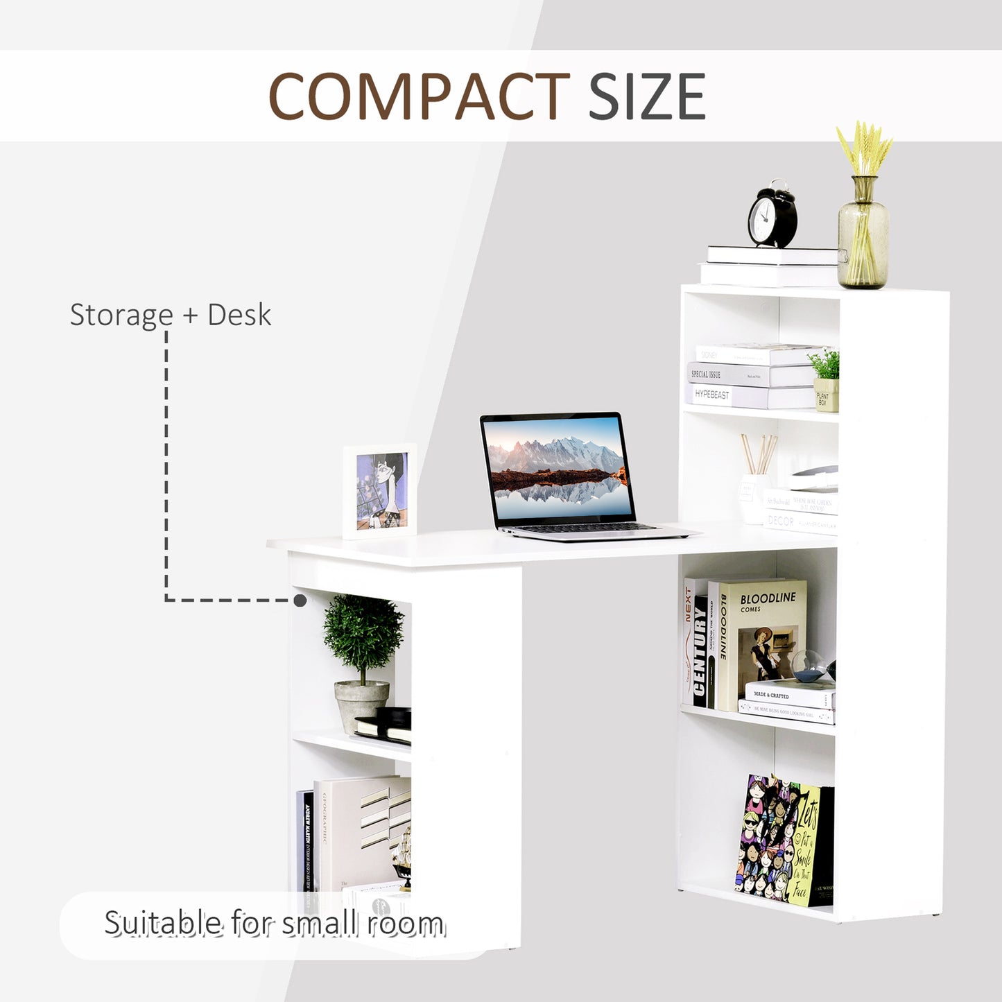 odern Compact Computer Desk with 6-Tier Storage Shelves Combo, Writing Table Workstation with Bookshelf for Home Office, White