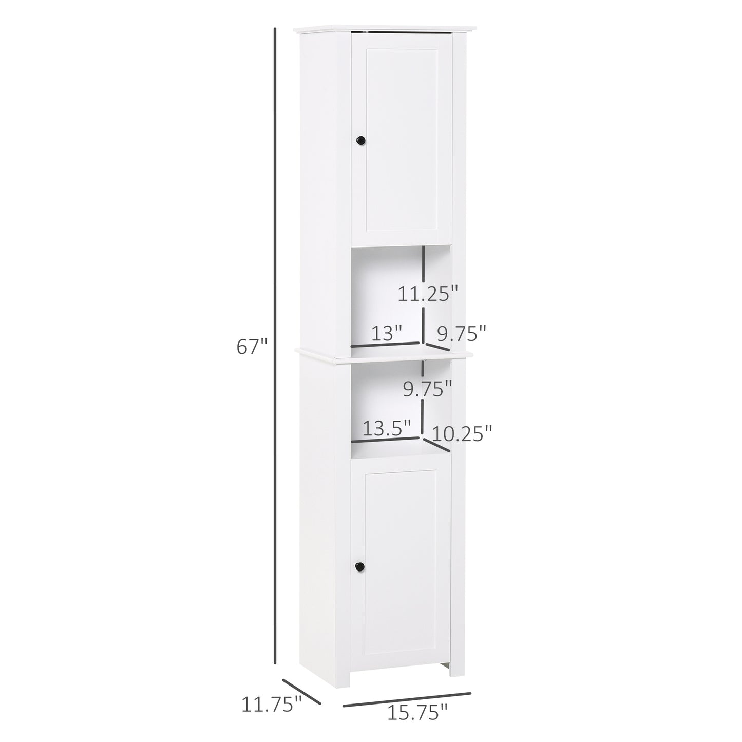 Tall Bathroom Storage Cabinet, Freestanding Linen Tower with 2-Tier Shelf and 2 Cupboards, Narrow Side Floor Organizer, White