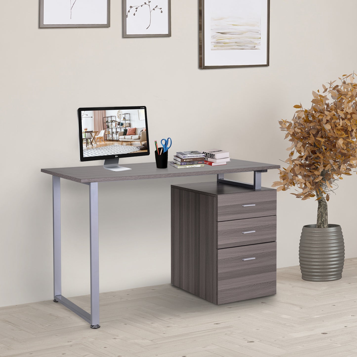 Industrial Style Office Desk Computer Desk with Multi-Use Removable File Drawers Dark Wood Grain Color