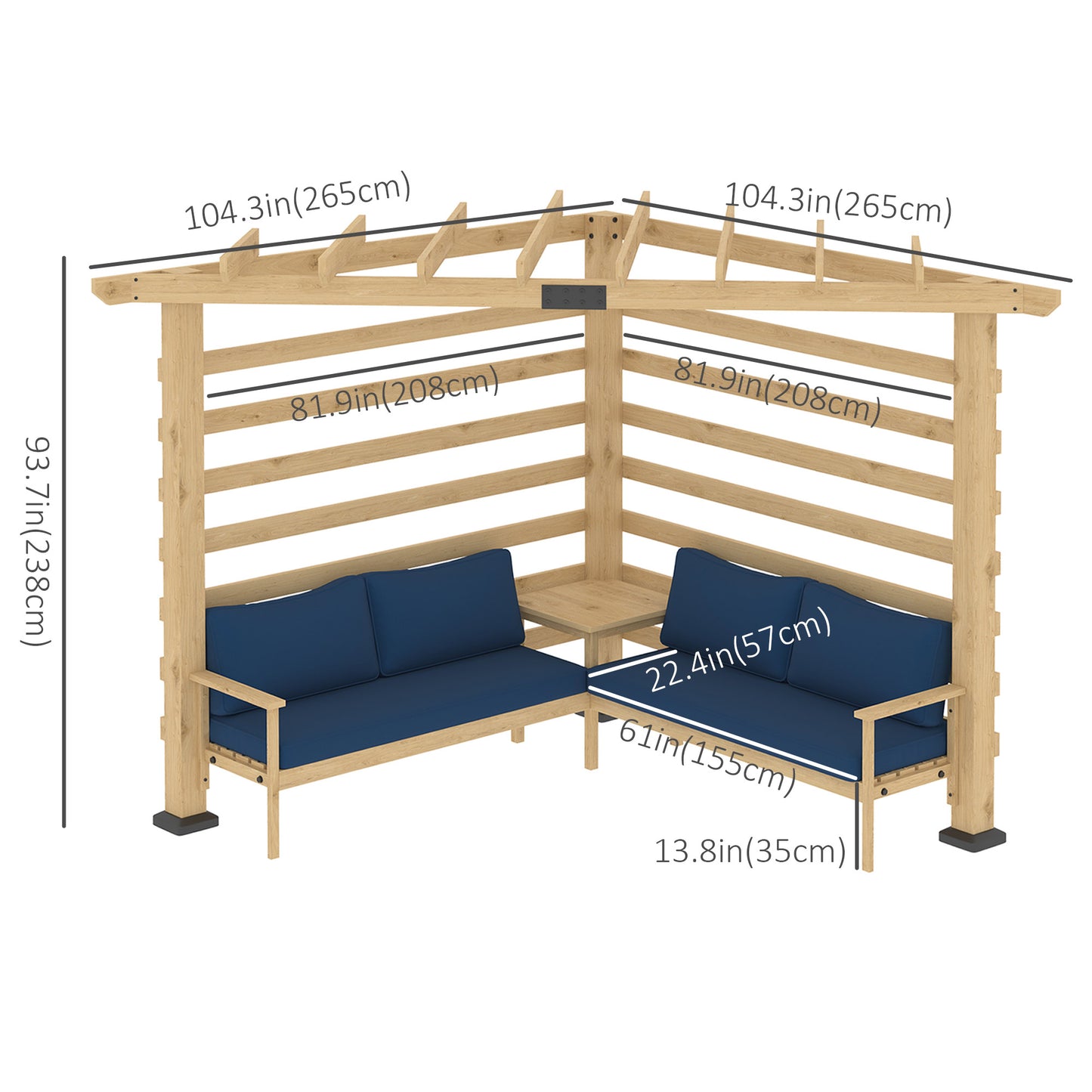 Outsunny 9' x 9' Corner Pergola with Conversation Set and Cushions, Fir Wood Outdoor Pergola with End Table, Natural and Blue