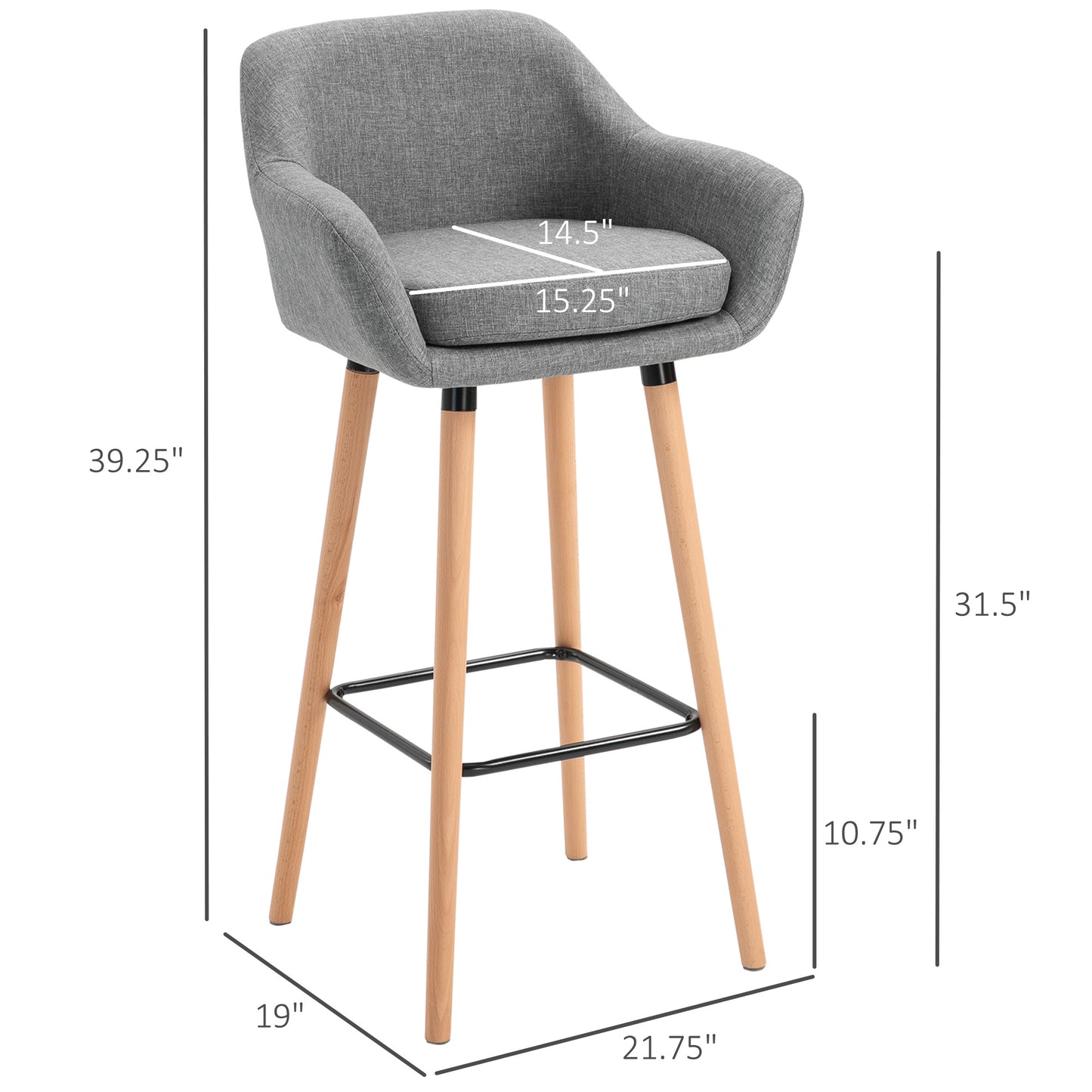 Modern Upholstered Fabric Seat Bar Stools Chairs Set of 2 with Metal Frame, Solid Wood Legs Living Room Dining Room Furniture Grey