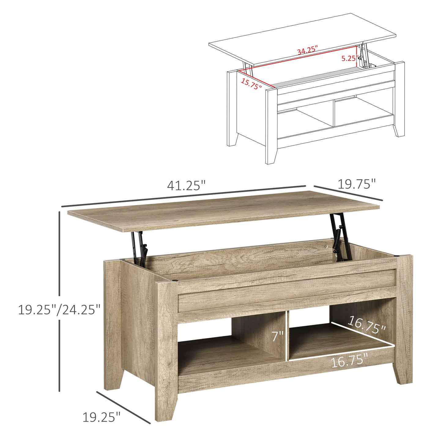 Top Coffee Table with Hidden Storage Compartment and Open Shelves, Lift Tabletop Pop-Up Center Table for Living Room, Oak Effect