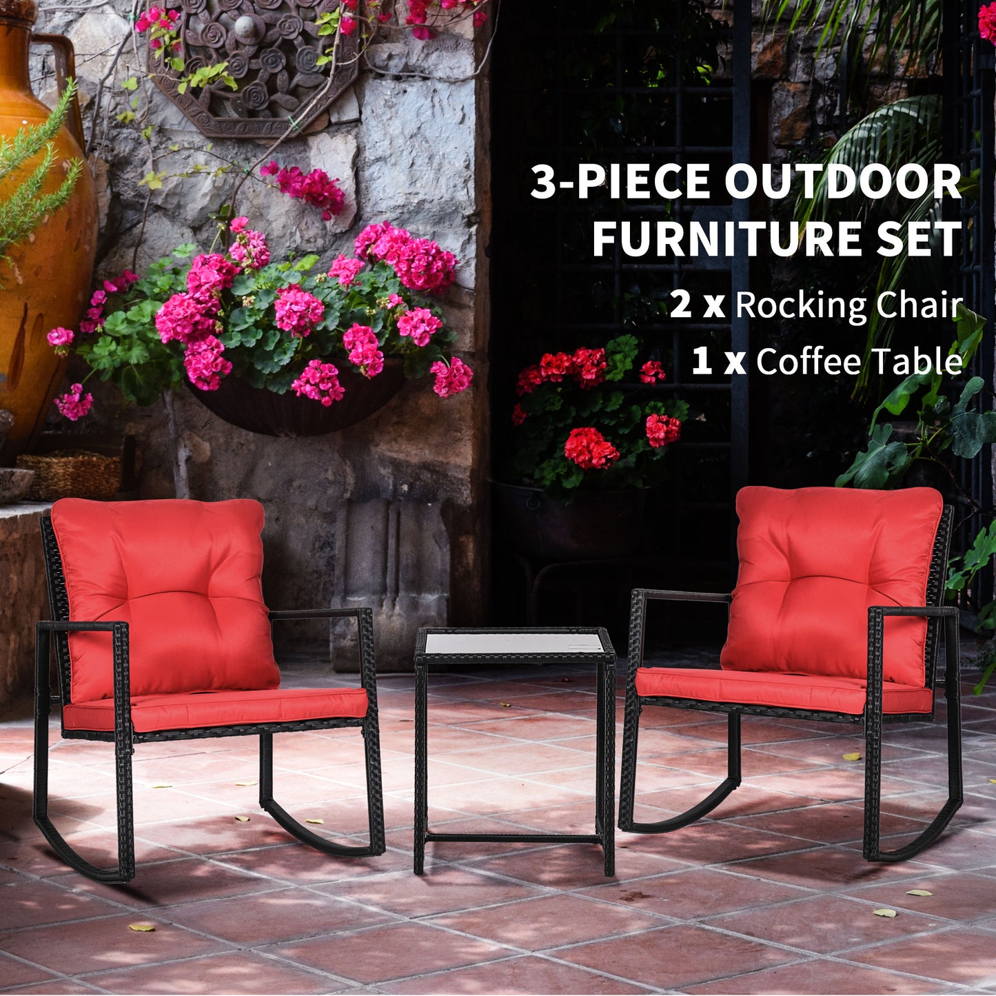 3 Pieces Rocking Bistro Set, Outdoor Wicker Patio Furniture with Glass Coffee Table and Outside Rocking Chairs for Porch, Conversation Sets with Thick Cushions, Red