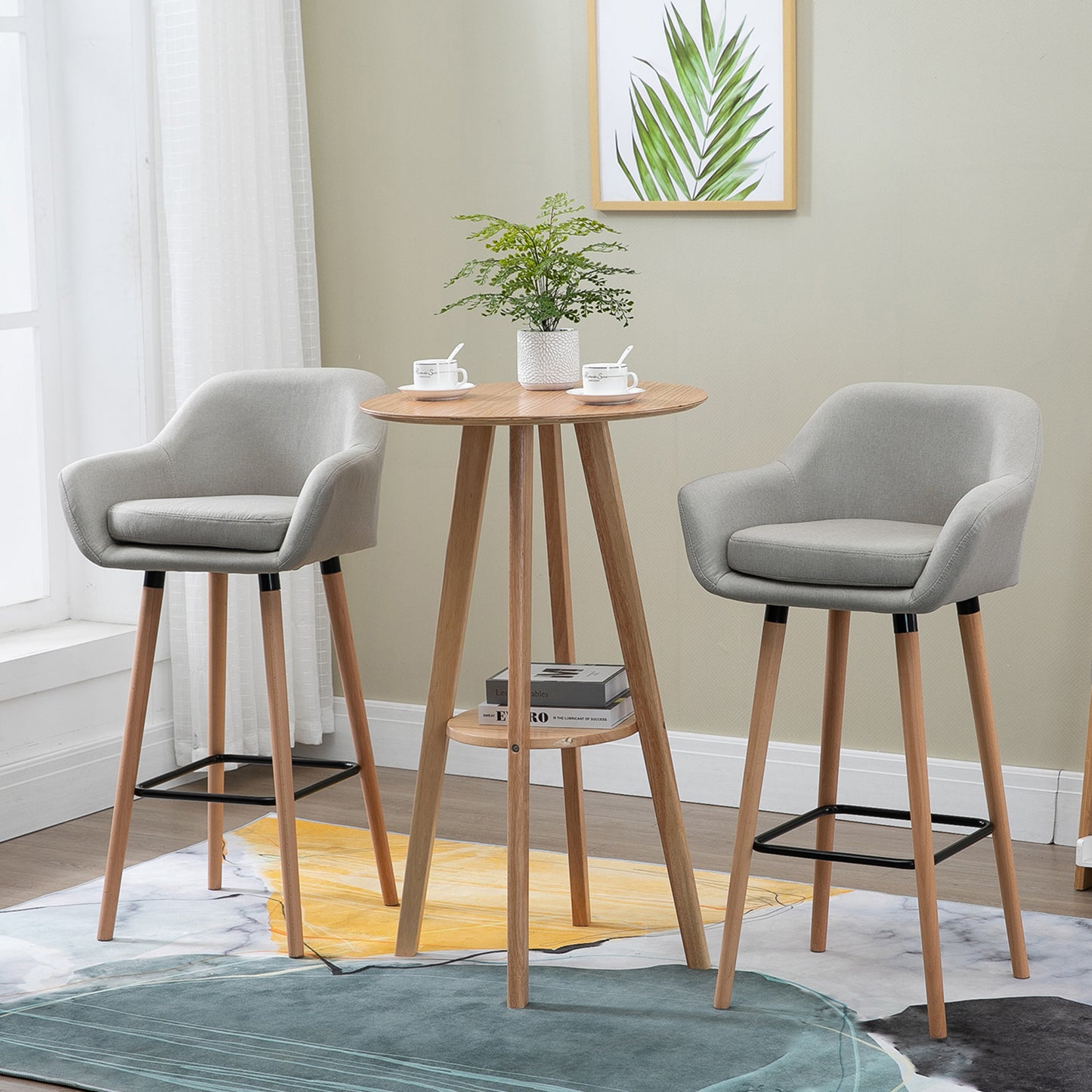 Modern Bar Stools Set of 2, 31.5" Barstools with Linen Fabric and Solid Wood Legs, Backrest and Footrest, Dining Room Kitchen Counter, Beige