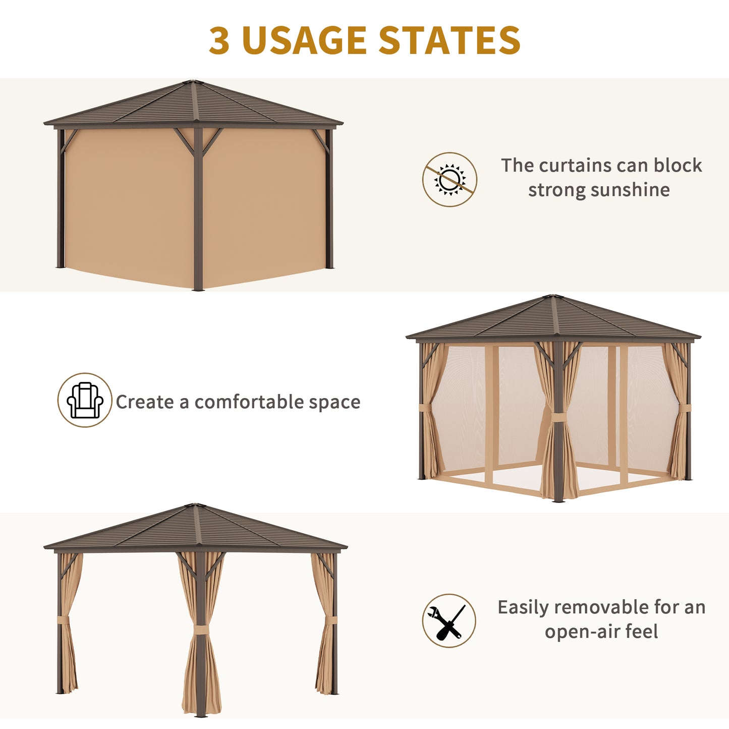 Outsunny 10' x 10' Hardtop Gazebo Outdoor Gazebo Canopy with Mosquito Netting, Curtains, Hanging Hook and Aluminum Frame, Brown