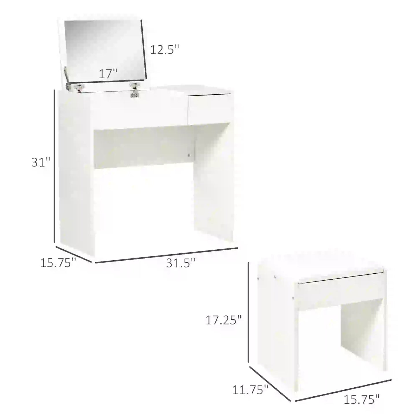 Mirrored Vanity Set Dresser Table Stool Set Flip Top Bedroom White