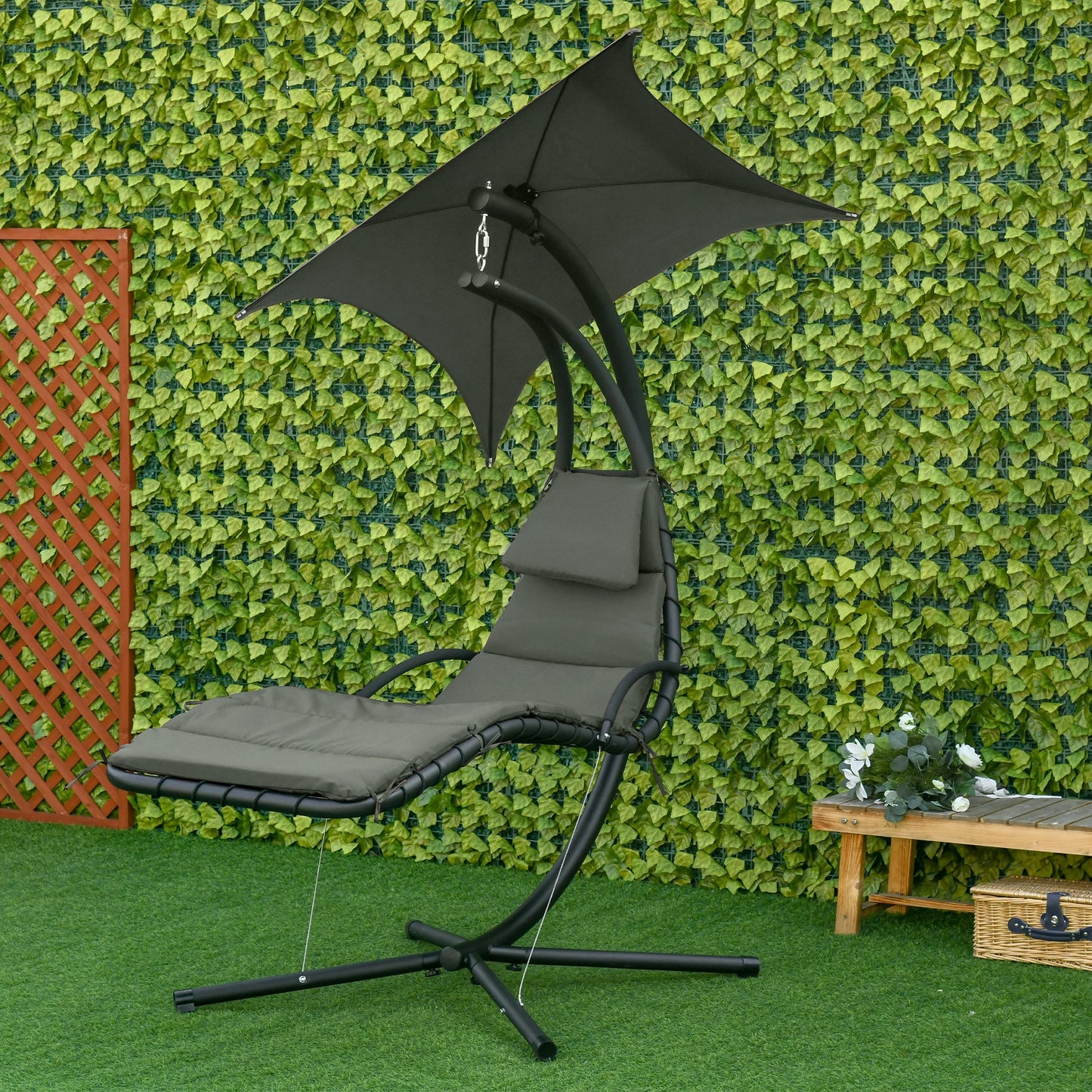 Outsunny Floating Chaise Lounge Outdoor Porch Swing Chair Hanging Hammock Reclining Seat with Arc Stand and Canopy, Charcoal Grey