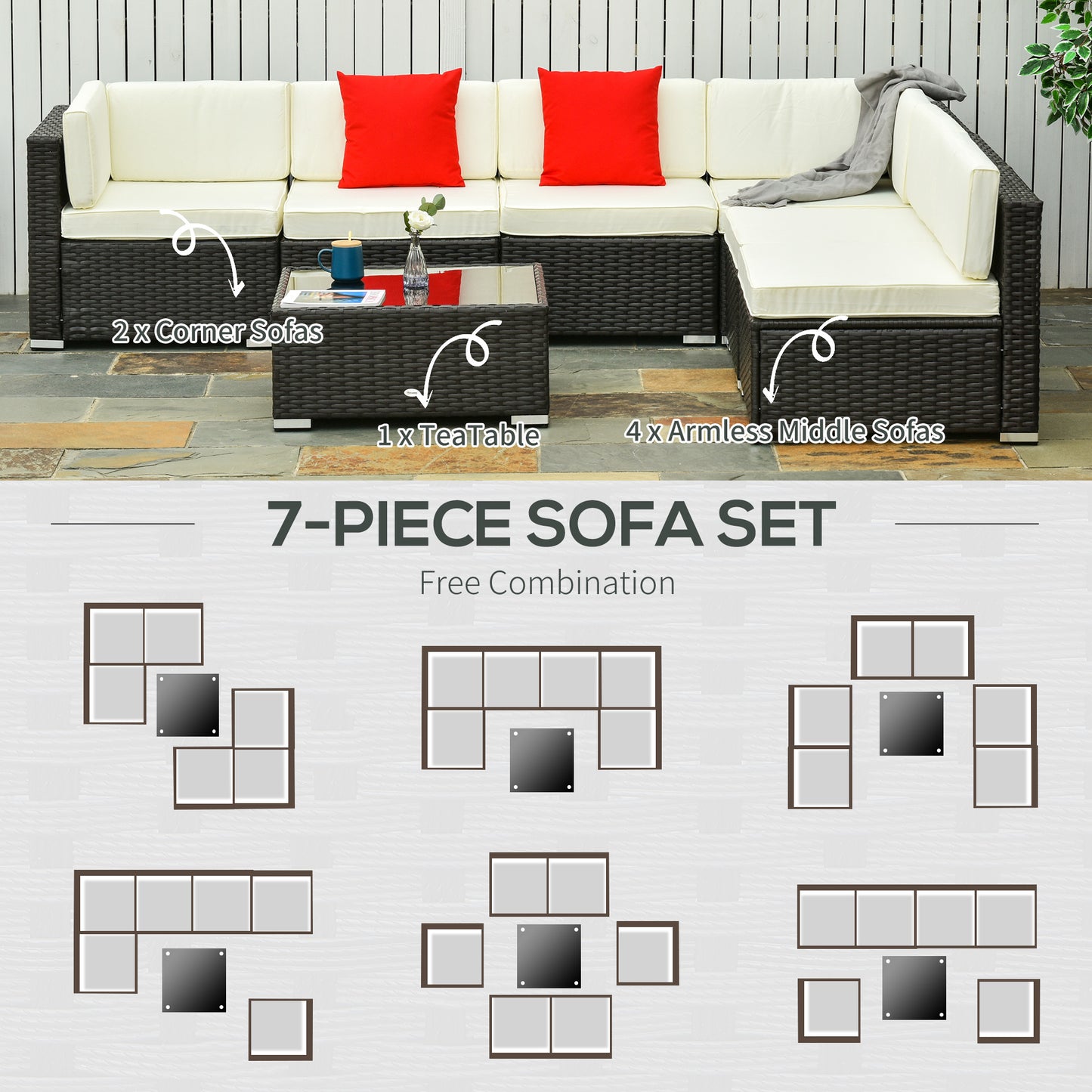 Outsunny 7-Piece Outdoor PE Wicker Patio Sofa Sets, Modern Rattan Conversation Furniture Set with Cushions & Table, Cream White