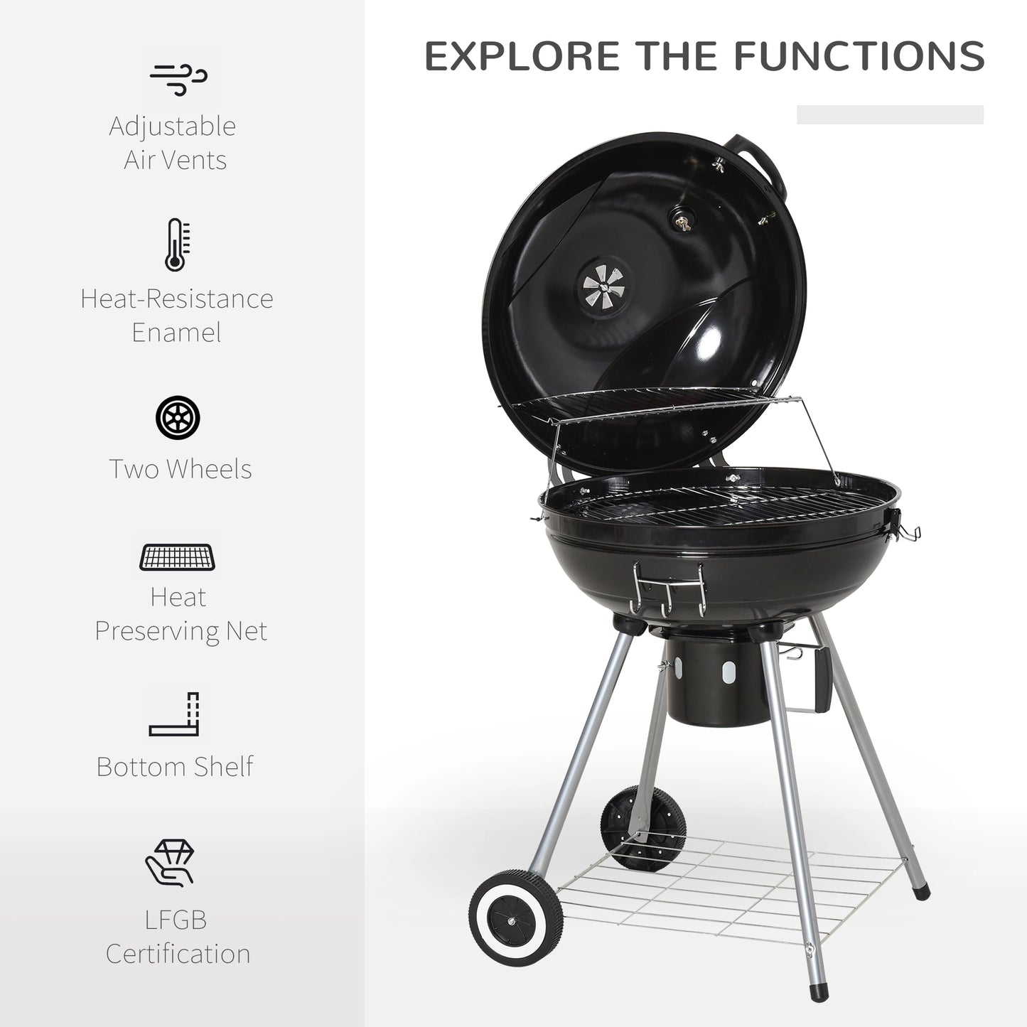 Outsunny Portable Kettle Charcoal Grill for Outdoor Grilling Heat Control BBQ Barbecue