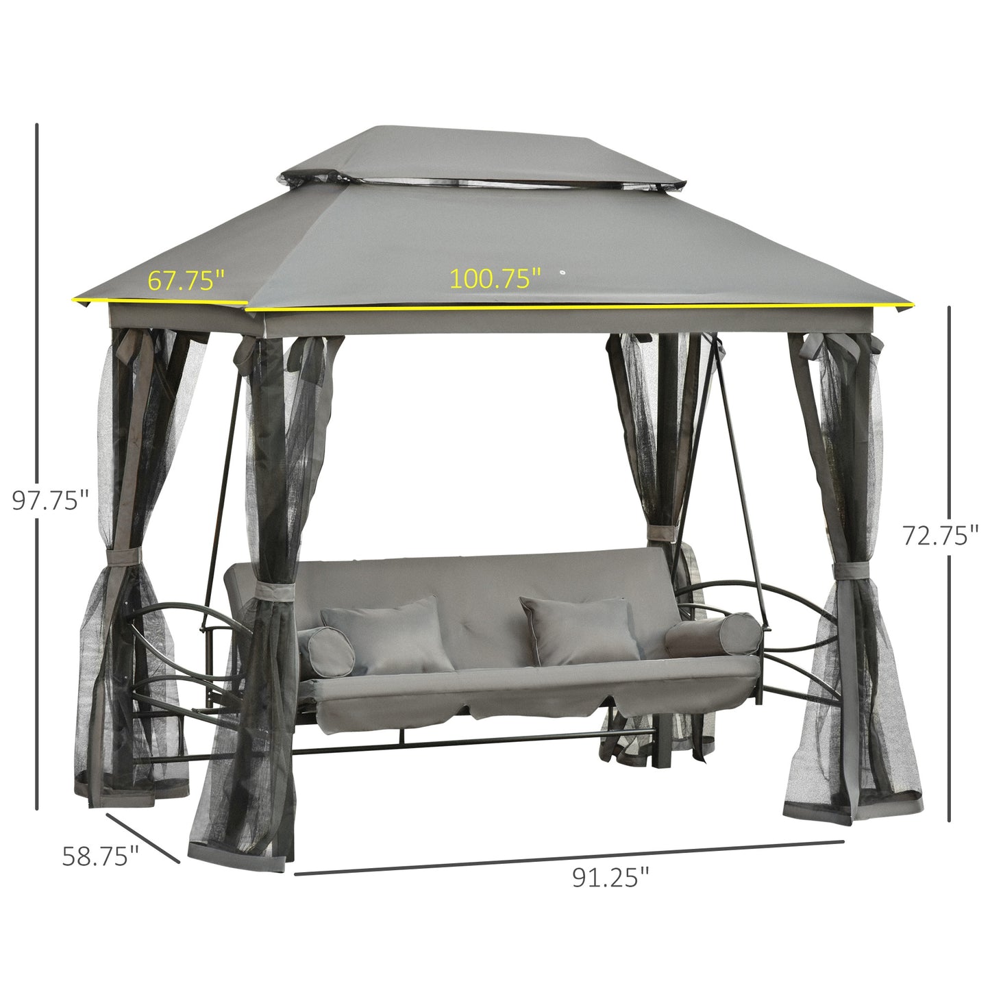 Outsunny 3 Person Outdoor Patio Daybed 3 in 1 Canopy Gazebo Swing Chair Garden Hammock with Mesh Mosquito Net and Sun Shade,Grey