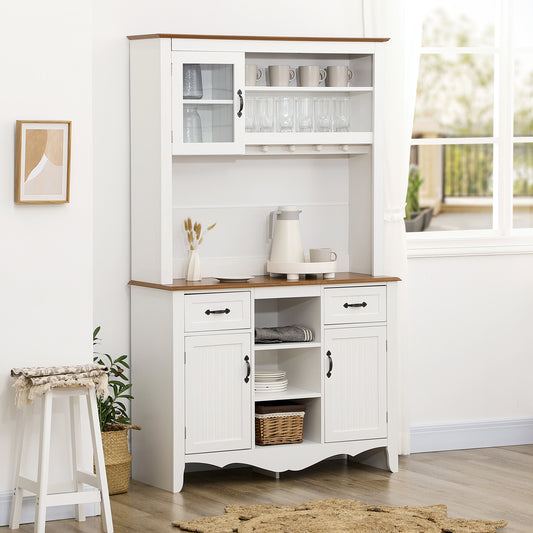 71" Kitchen Buffet with Hutch, Farmhouse Style Storage Cupboard with Utility Drawer, 3 Door Cabinets and 5-tier Shelves, White