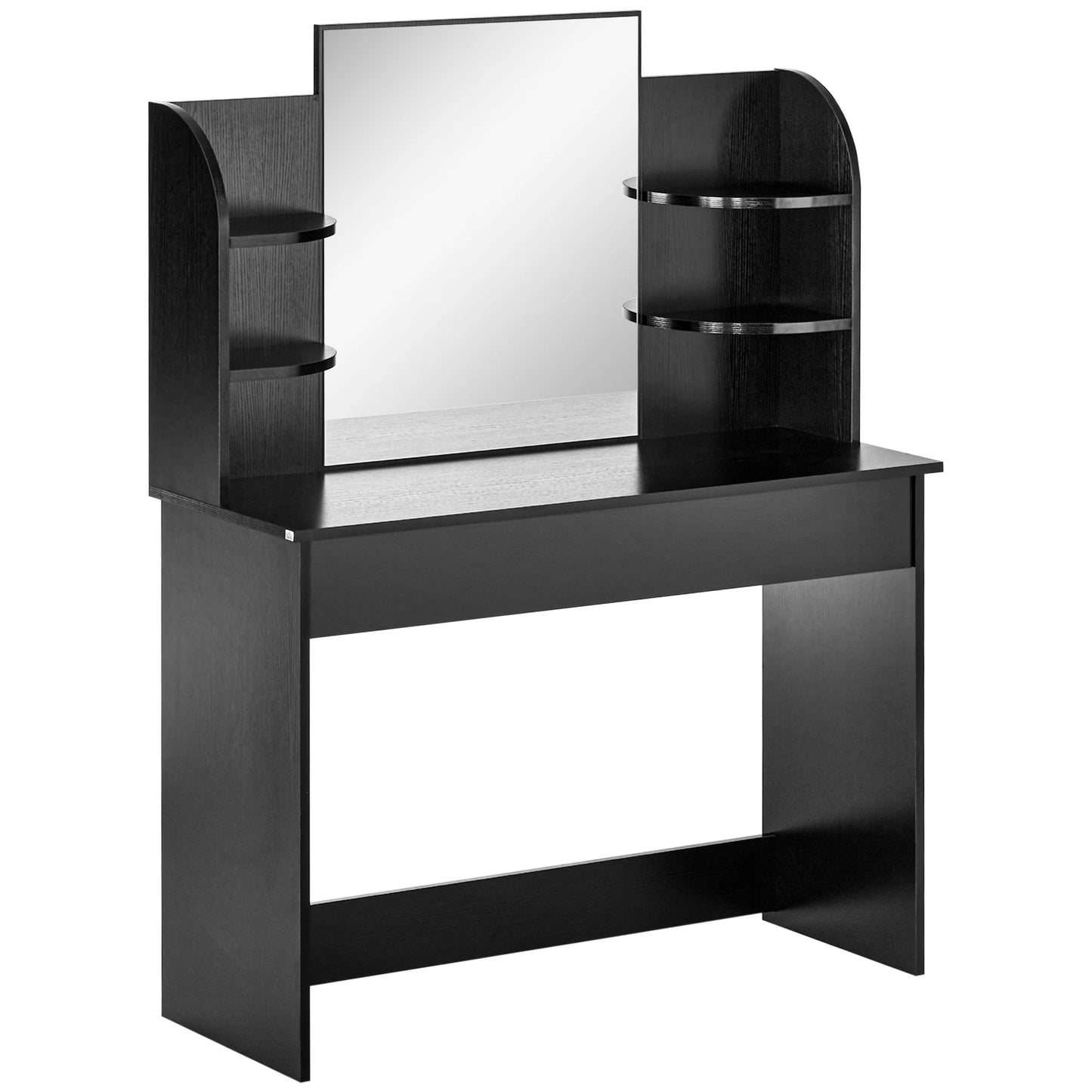 Vanity Table Wood Dressing Table w/ Makeup Mirror, Big Drawers, Open Shelf for Bedroom Black