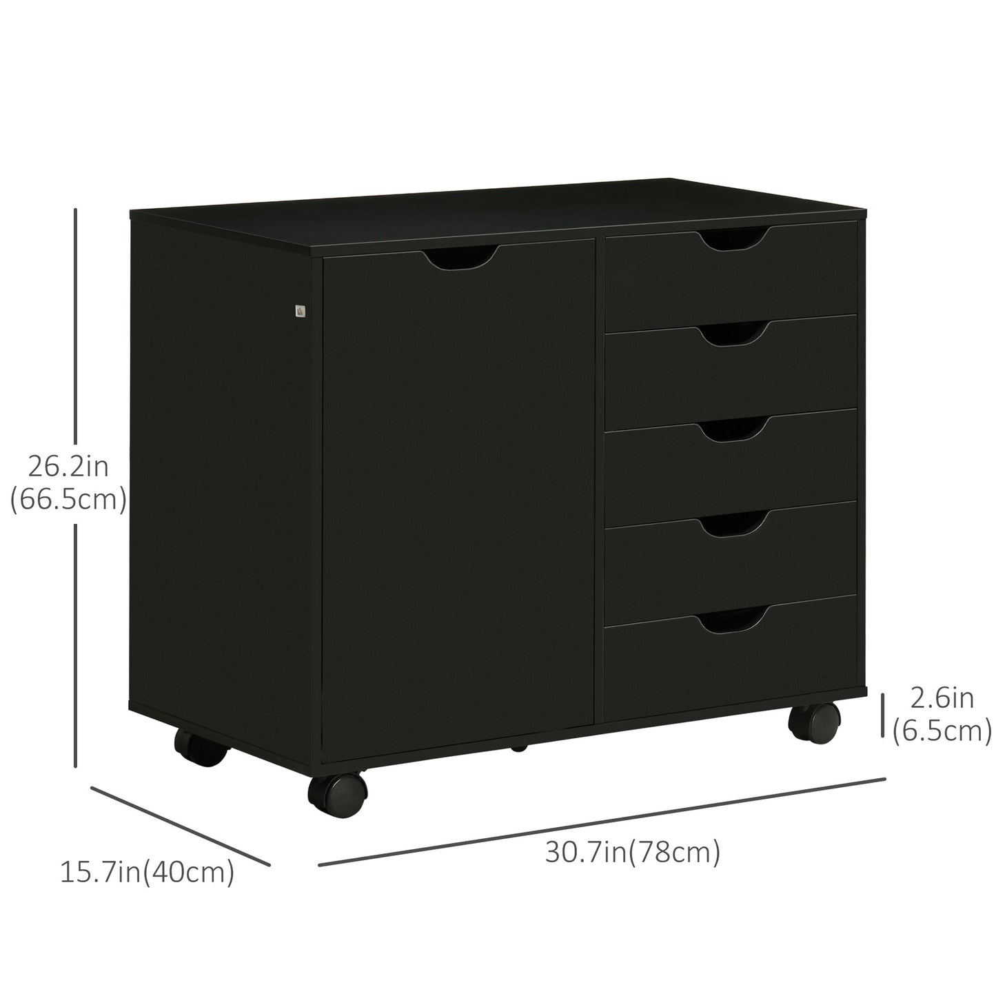 Modern Mobile 5-Drawer Chest with Door, Storage Cabinet, Dresser on Wheels, Printer Stand for Home Office, Black