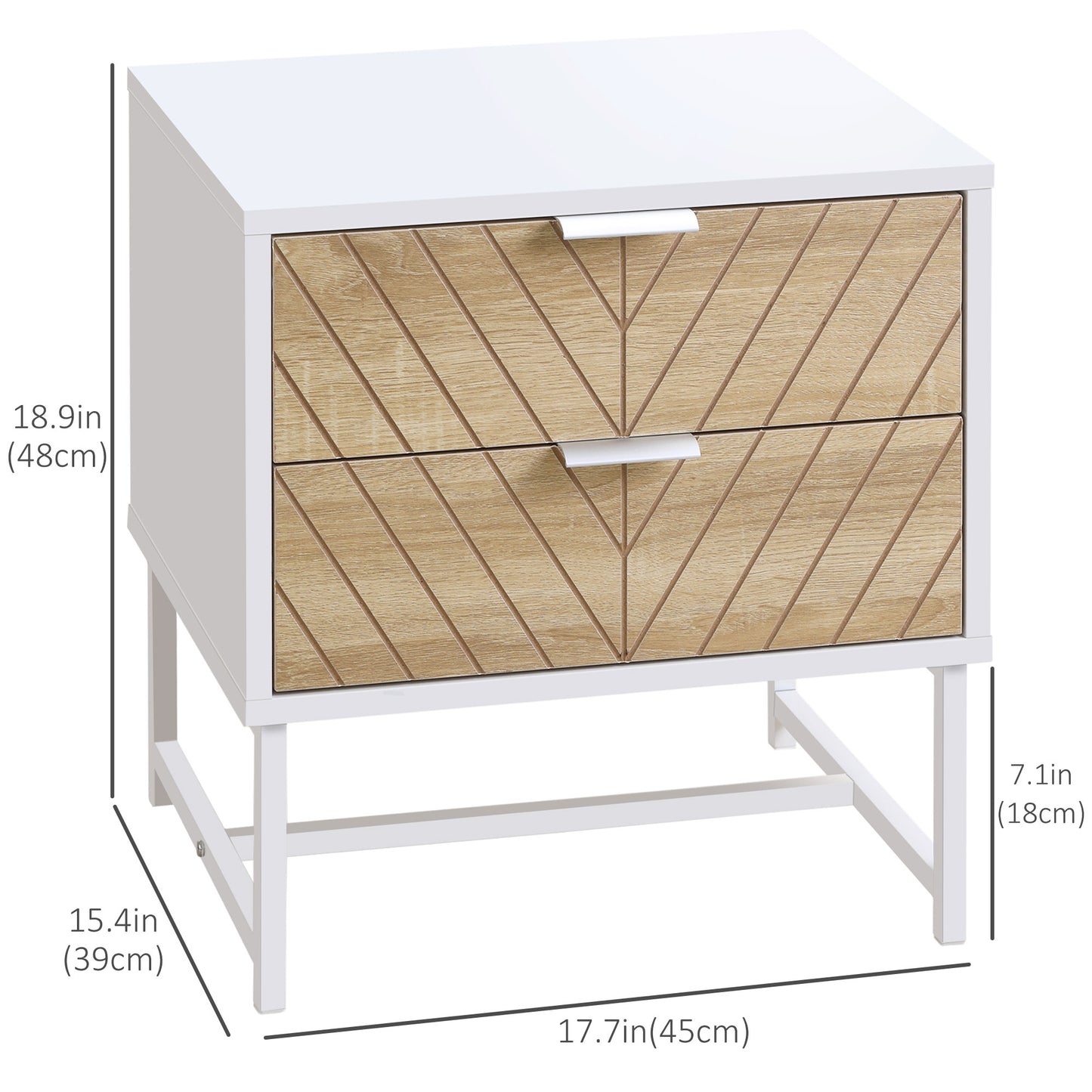 Modern Bedside Table with 2 Drawers and Steel Frame, Sofa Side Table for Bedroom Living Room, White and Oak