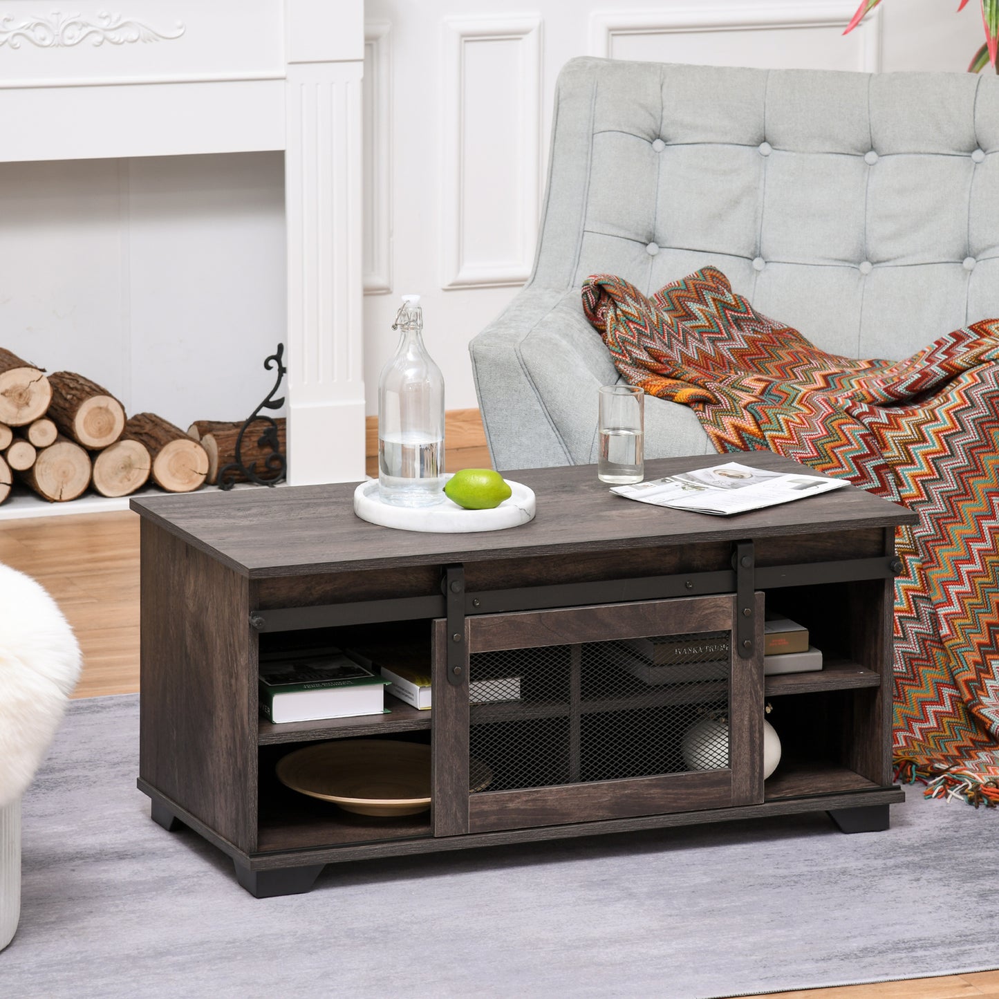 Farmhouse Coffee Table with Sliding Mesh Barn Door, Industrial Center Table with Adjustable Shelf for Living Room, Dark Brown