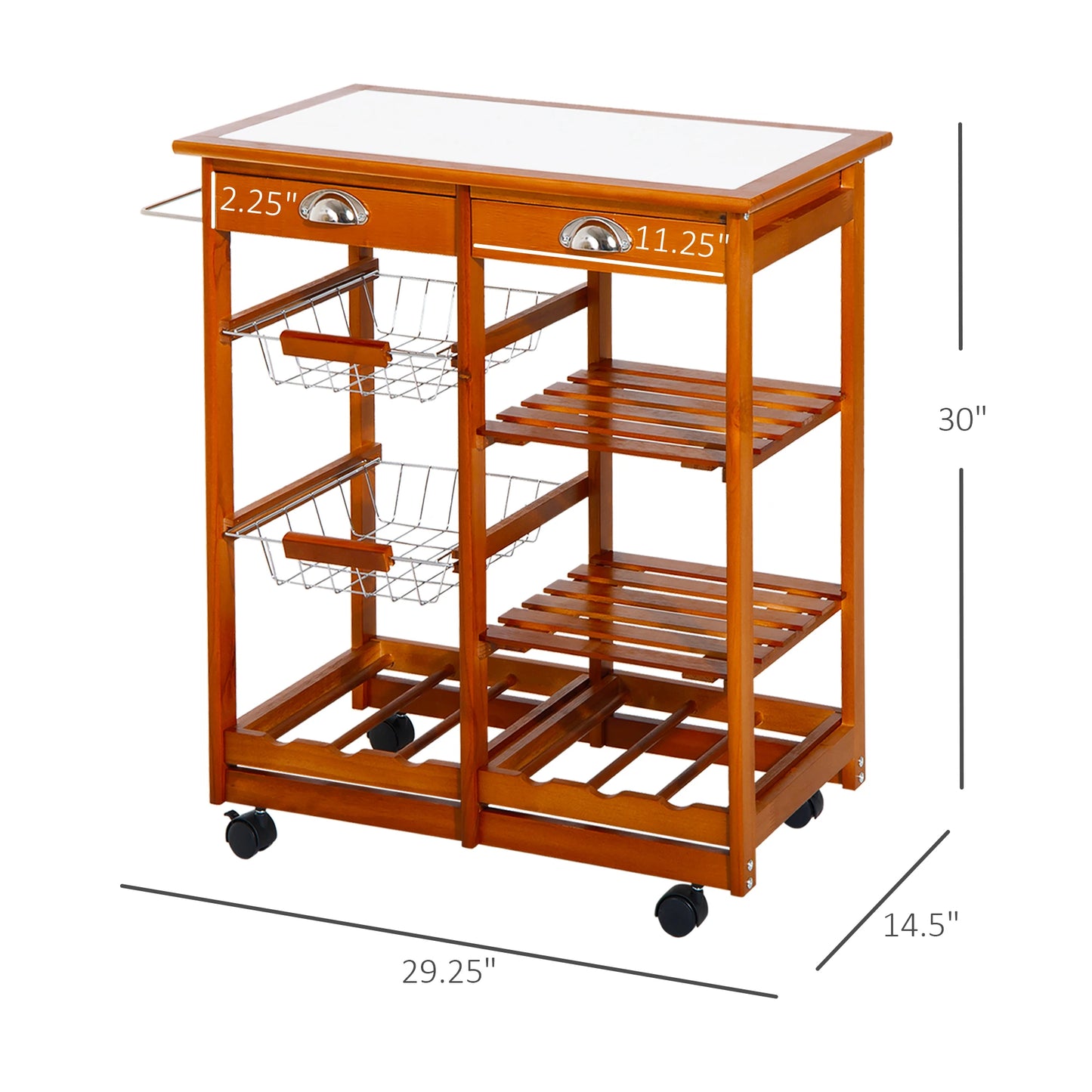 Rolling Kitchen Trolley Cart 4 Tier Storage Wooden Table Rack 2 Drawers Baskets Countertop