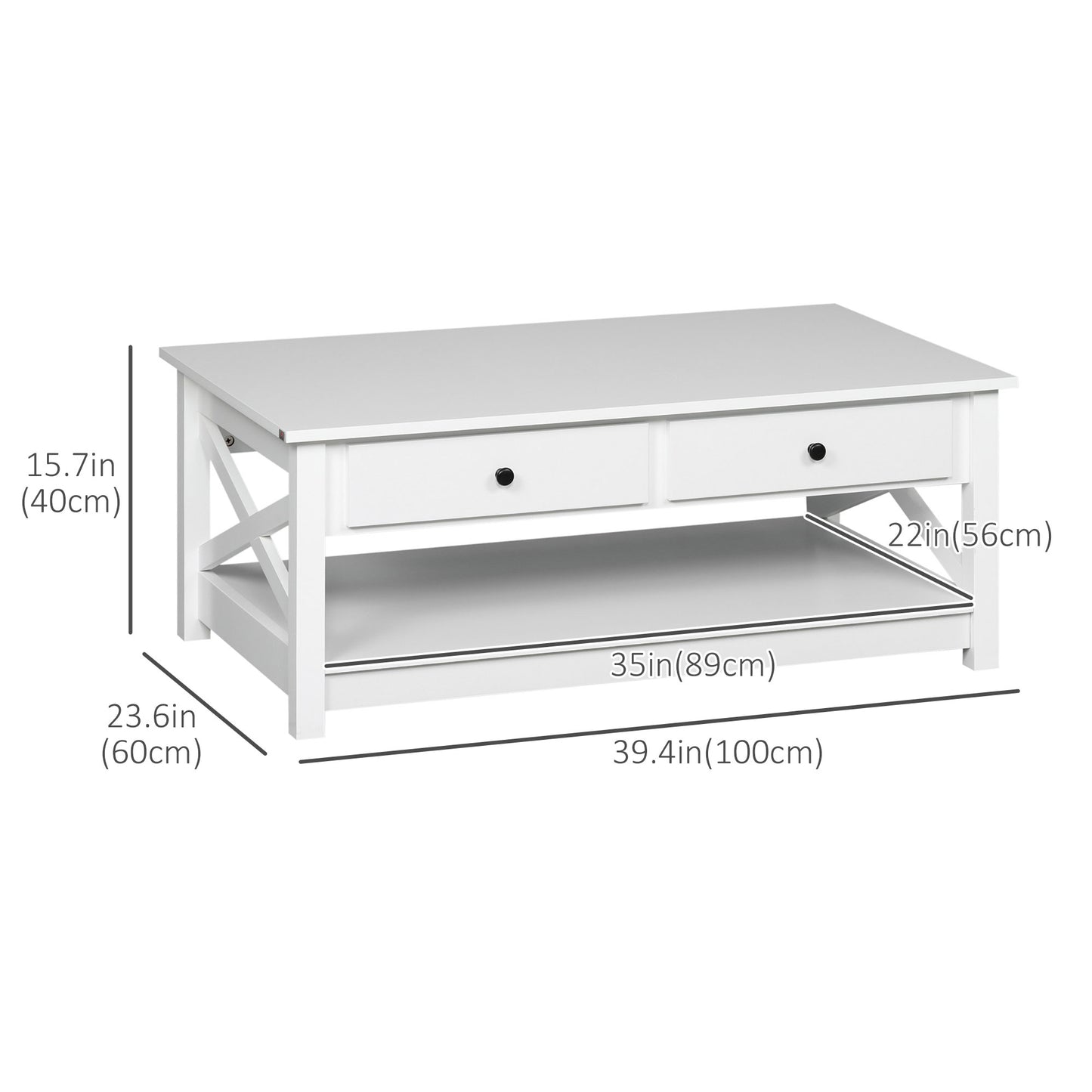 Coffee Table with Storage Drawers and Open Shelf, Modern Centre Table for Living Room, White