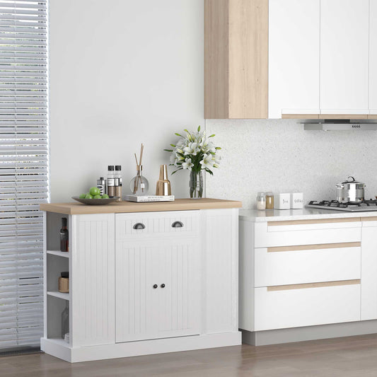 Fluted-Style Wooden Kitchen Island with Storage Cabinet and Drawer, Butcher Block Island for Dining Room, White