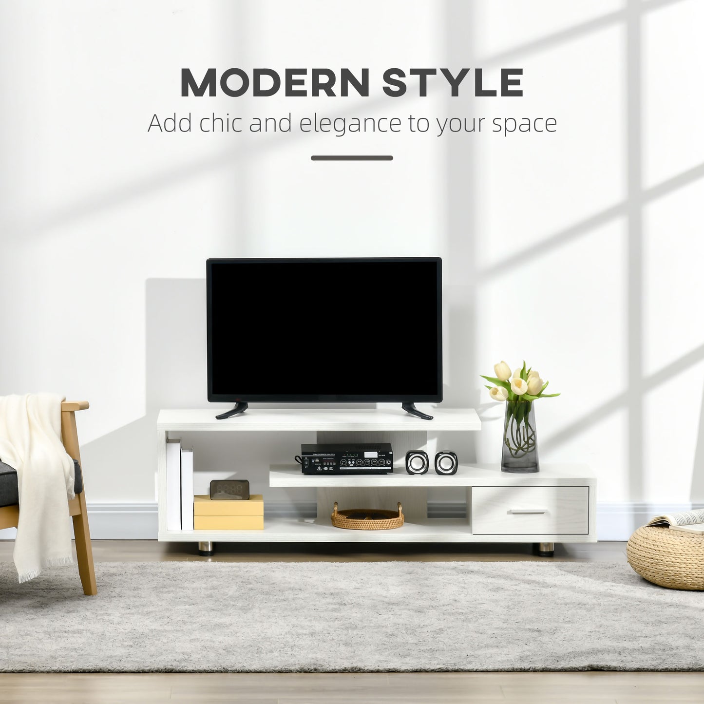 Modern TV Stand for TVs 45" and up, TV Cabinet with Storage Shelf and Drawer, Entertainment Center for Living Room Bedroom, White Wood Grain