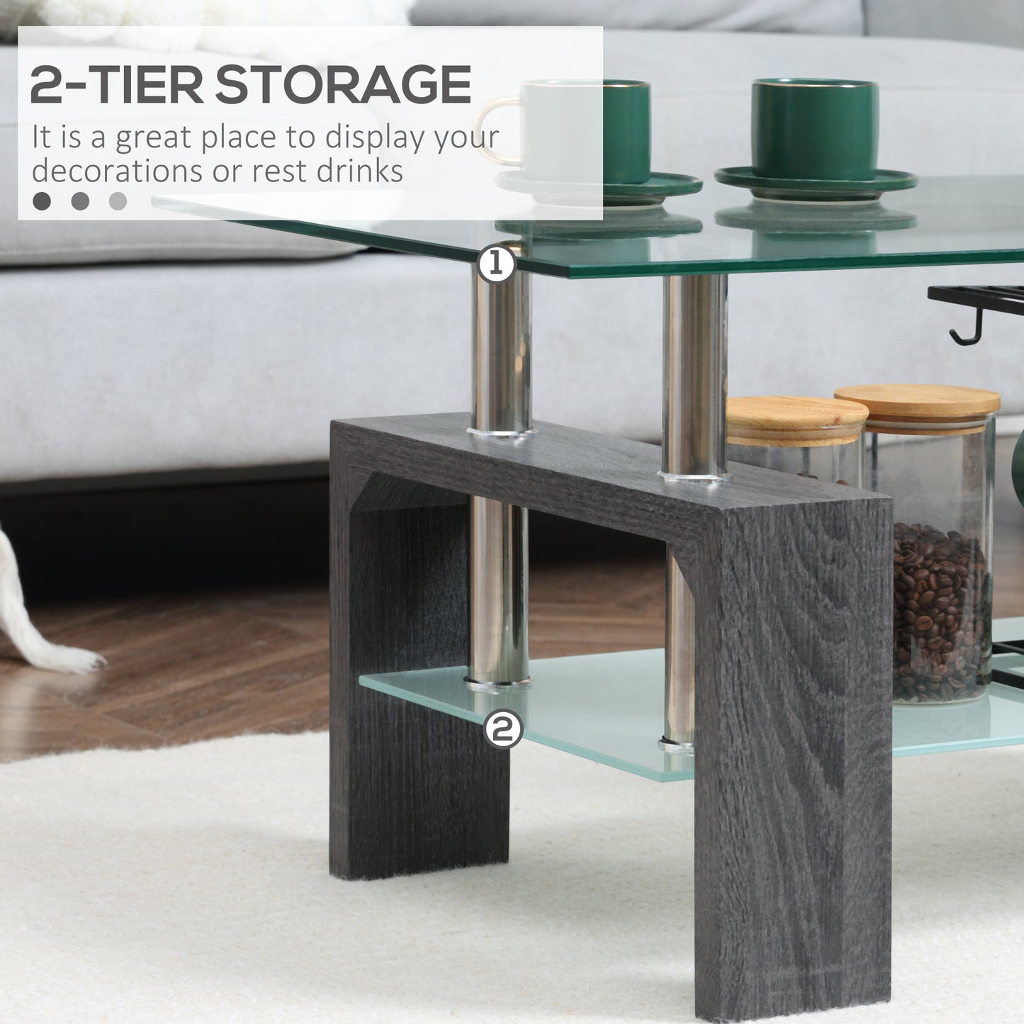 Rectangle Glass Coffee Table, 2-Tier Center Table with Tempered Glass Top and Storage Shelf for Living Room, Grey