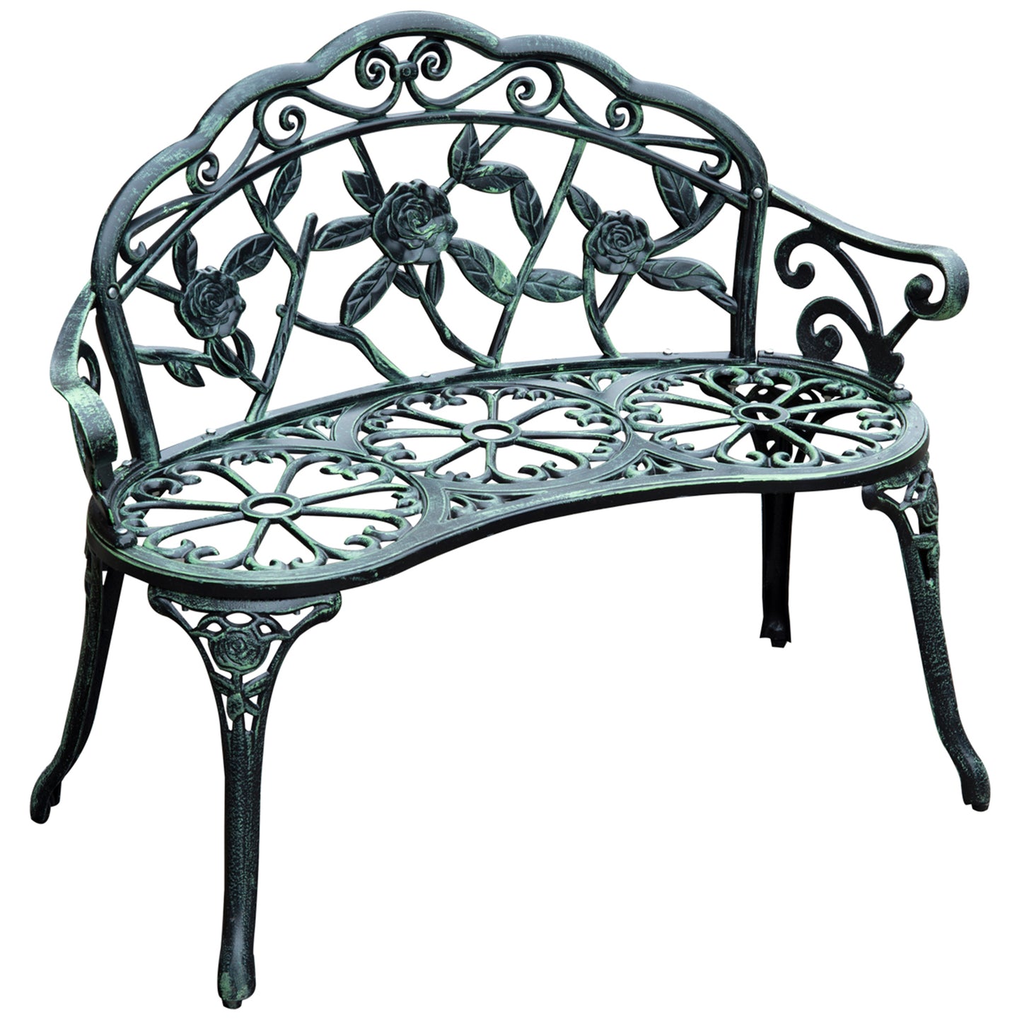 Outsunny 40" Outdoor Garden Bench, Cast Aluminum Antique Rose Style Patio Garden Park Loveseat Bench, Green