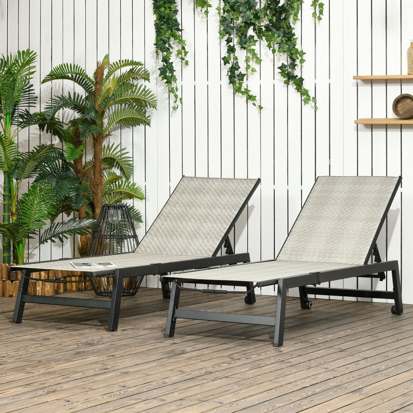 Outsunny 2 Pieces Wicker Patio Lounger, PE Rattan Outdoor Lounge Chair Set, Sun Lounger Set w/ 5-Position Backrest and Wheels, for Sun Room, Garden, Poolside, Light Gray