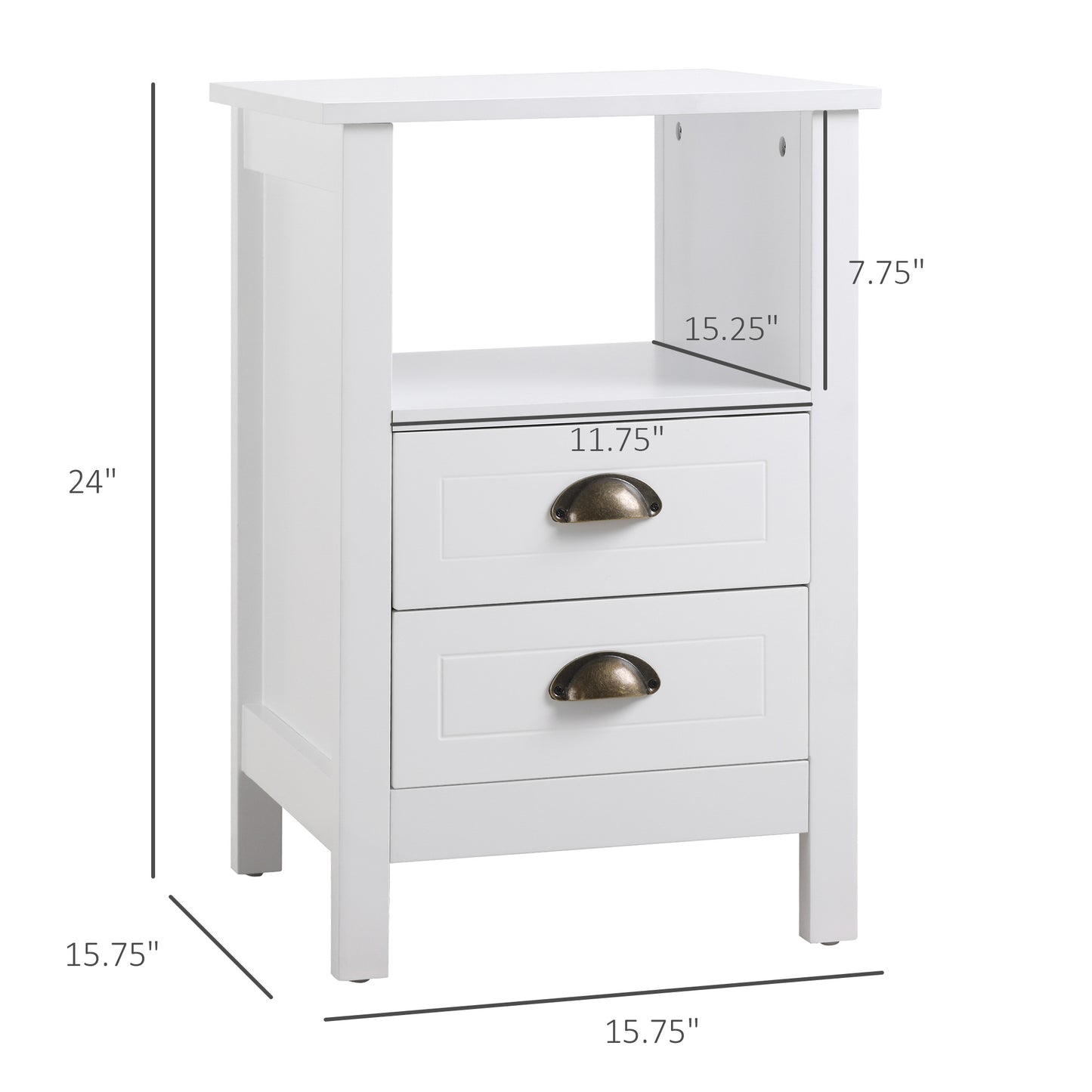 Modern End Table with 2 Drawers and Storage Shelf, Accent Sofa Side Table for Living Room, White