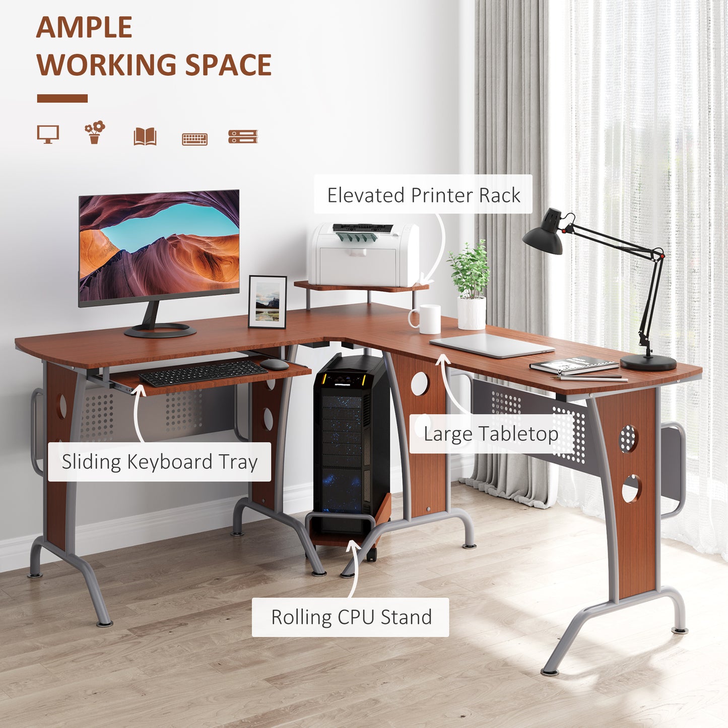 L-Shaped Computer Desk for PC, Corner Table for Small Spaces with Elevated Shelf, Keyboard Tray, CPU Stand, Home Office Workstation, Brown Wood Grain