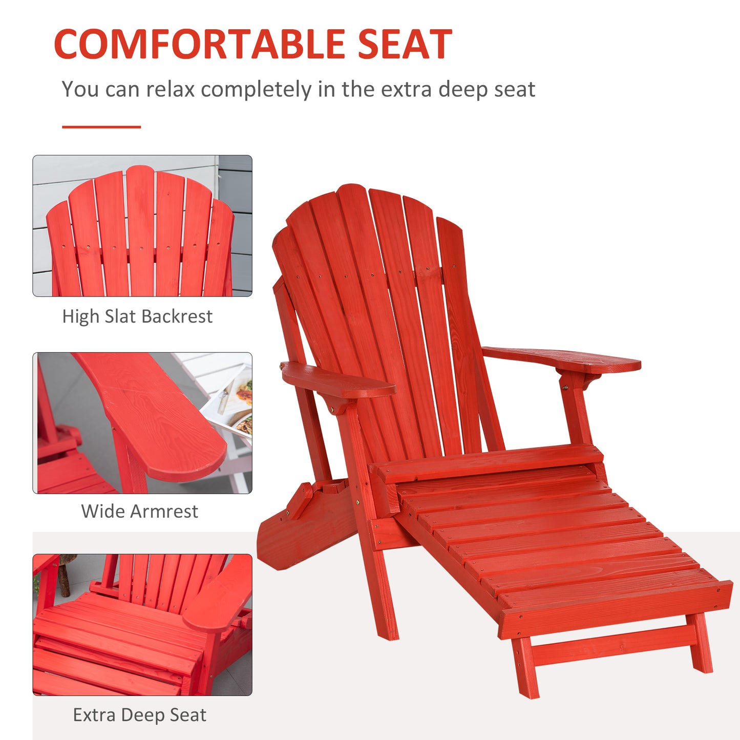 Outsunny Folding Adirondack Chair with Ottoman, Outdoor Wooden Lounger for Patio, Porch, Poolside, Garden, Red