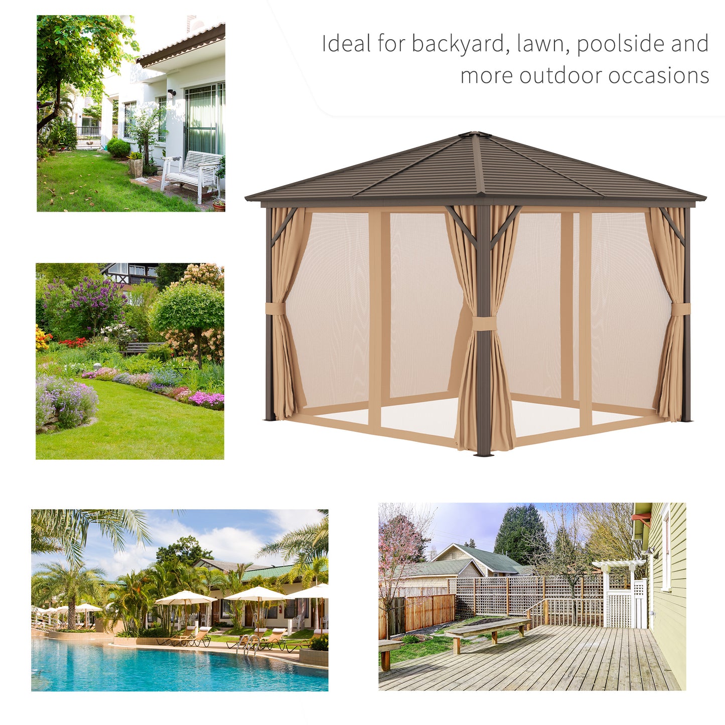 Outsunny 10' x 10' Hardtop Gazebo Outdoor Gazebo Canopy with Mosquito Netting, Curtains, Hanging Hook and Aluminum Frame, Brown