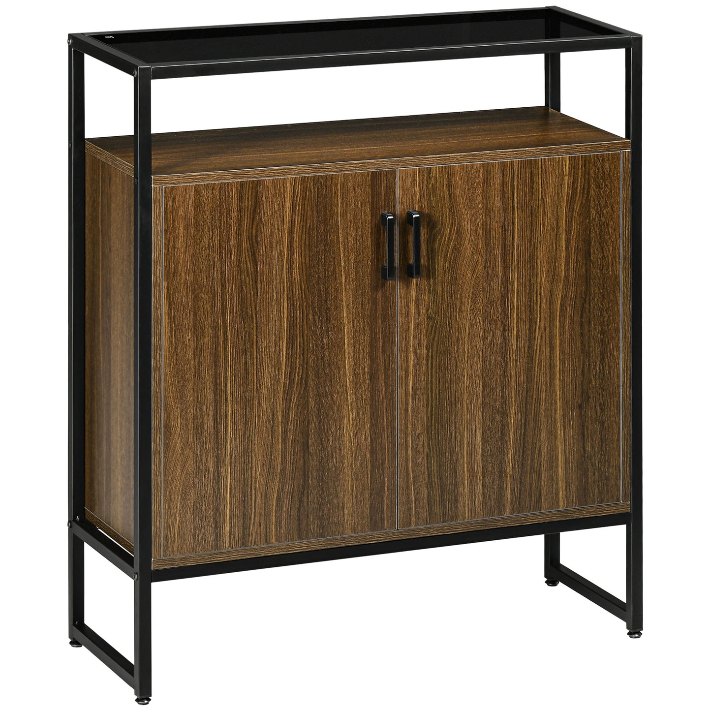 Buffet Cabinet, Glass Tabletop Accent Sideboard with Storage Cabinet and Open Shelf, Console Table for Living Room, Kitchen, Entryway, in Black and Brown