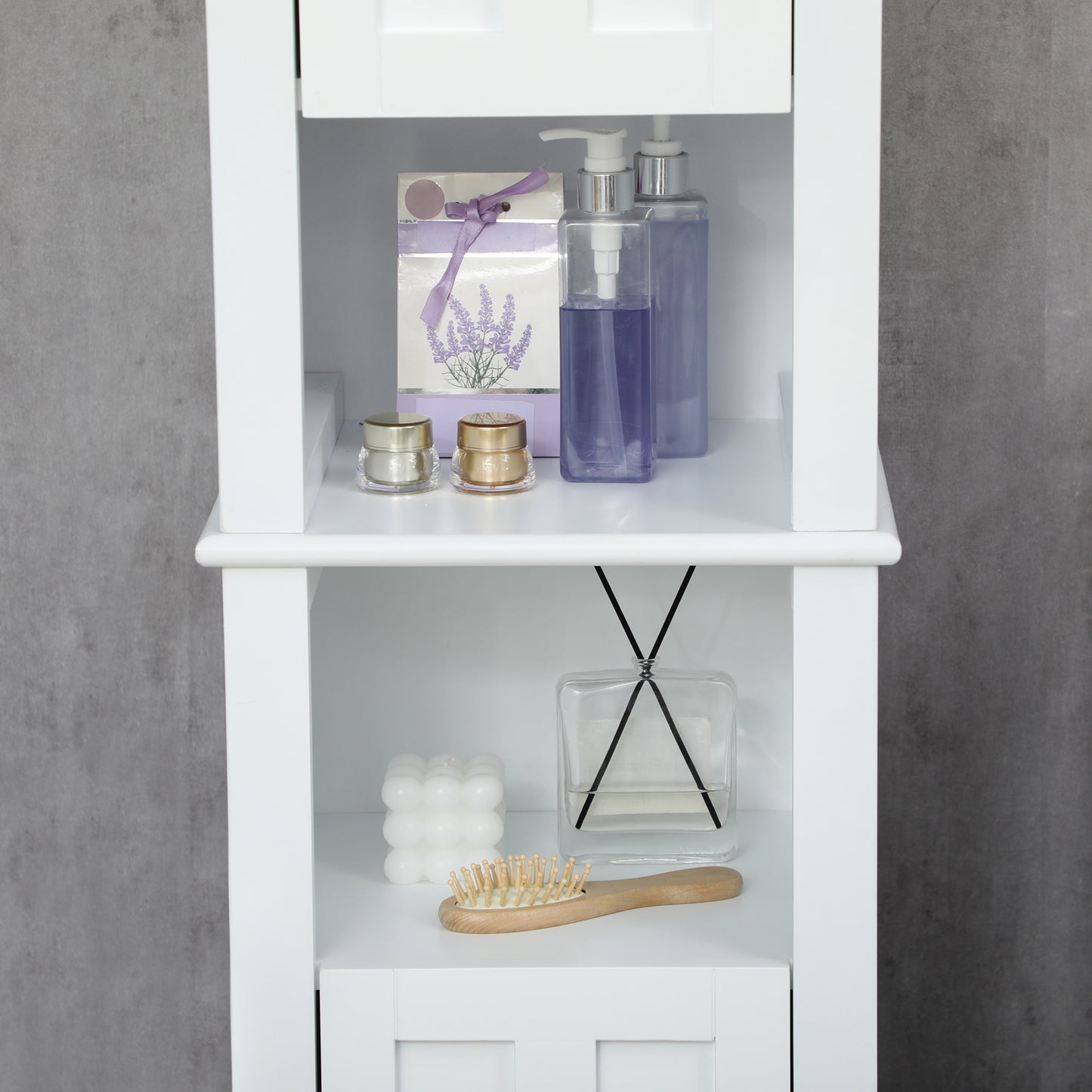 Bathroom Cabinet, Freestanding Linen Cabinet with Open Shelves and Cupboards, 13.8" x 11.8" x 62.4", White