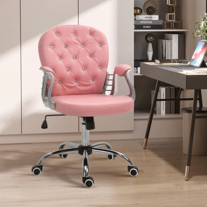 Vinsetto 360° Swivel Office Chair Vanity Style Tufted Backrest Task Chair with Height Adjustable, Armrests and Thick Padding, Pink