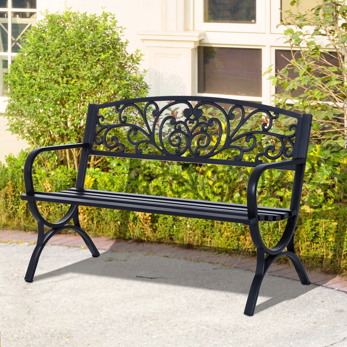 Outsunny 50" 2-Seater Garden Bench, Patio Porch Decorative Chair Cast Iron Loveseat Outdoor Furniture for Yard, Lawn, Porch, Black