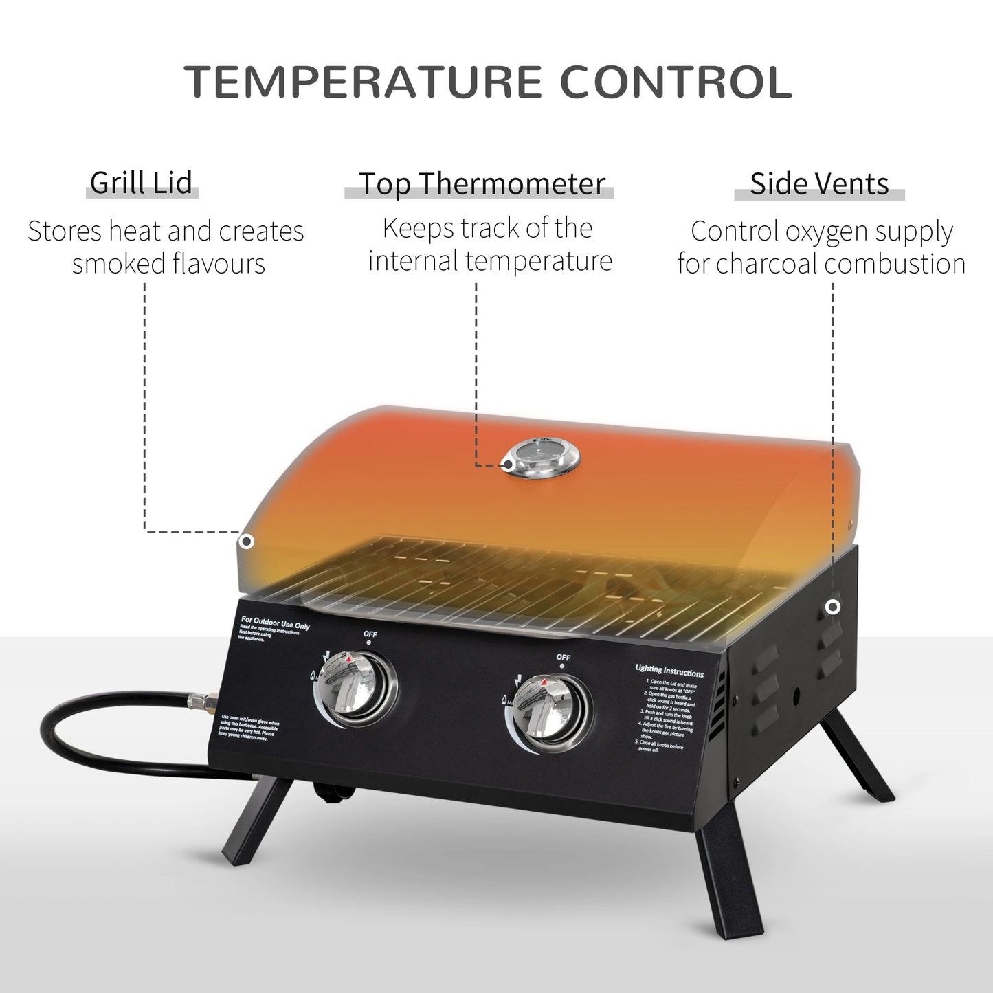 Outsunny 2 Burner Propane Gas Grill Outdoor Portable Tabletop BBQ with Foldable Legs w/ Lid, Thermometer for Camping, Picnic, Backyard, Black