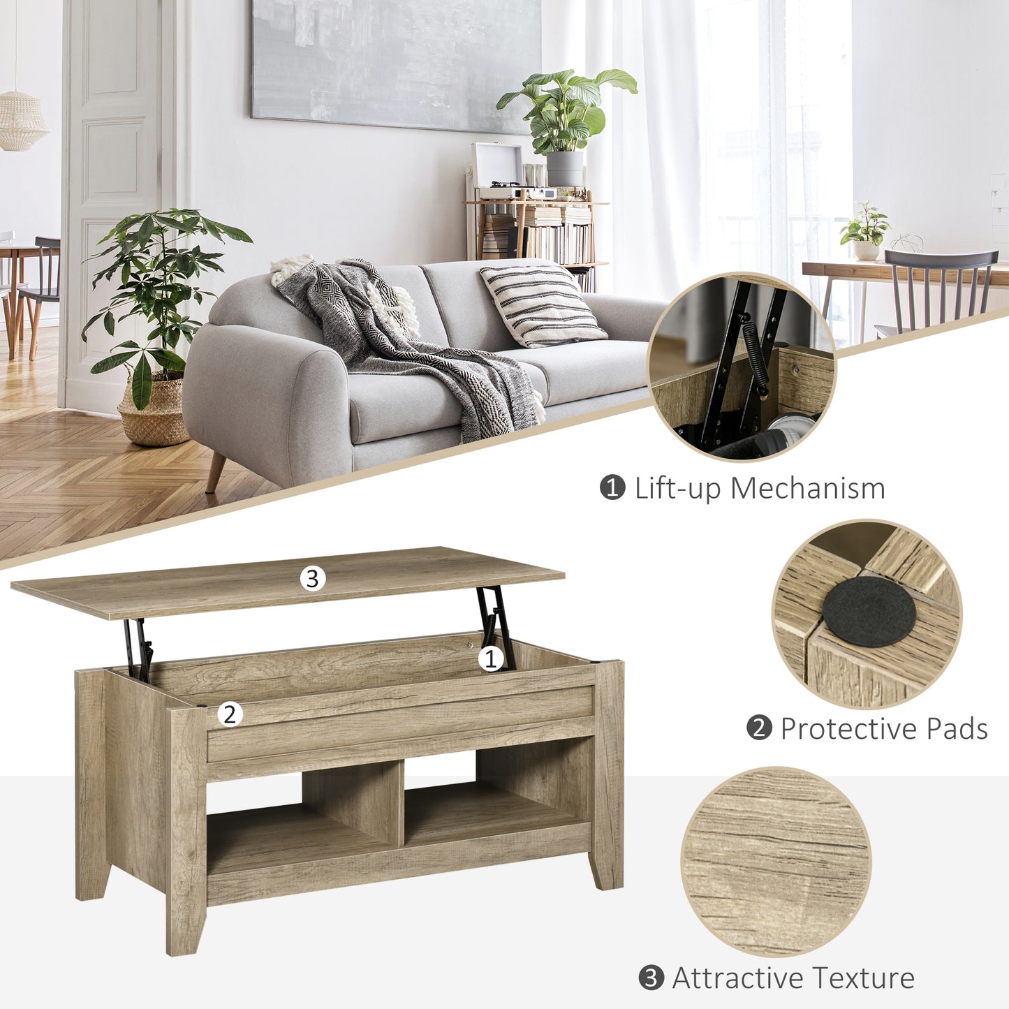 Top Coffee Table with Hidden Storage Compartment and Open Shelves, Lift Tabletop Pop-Up Center Table for Living Room, Oak Effect