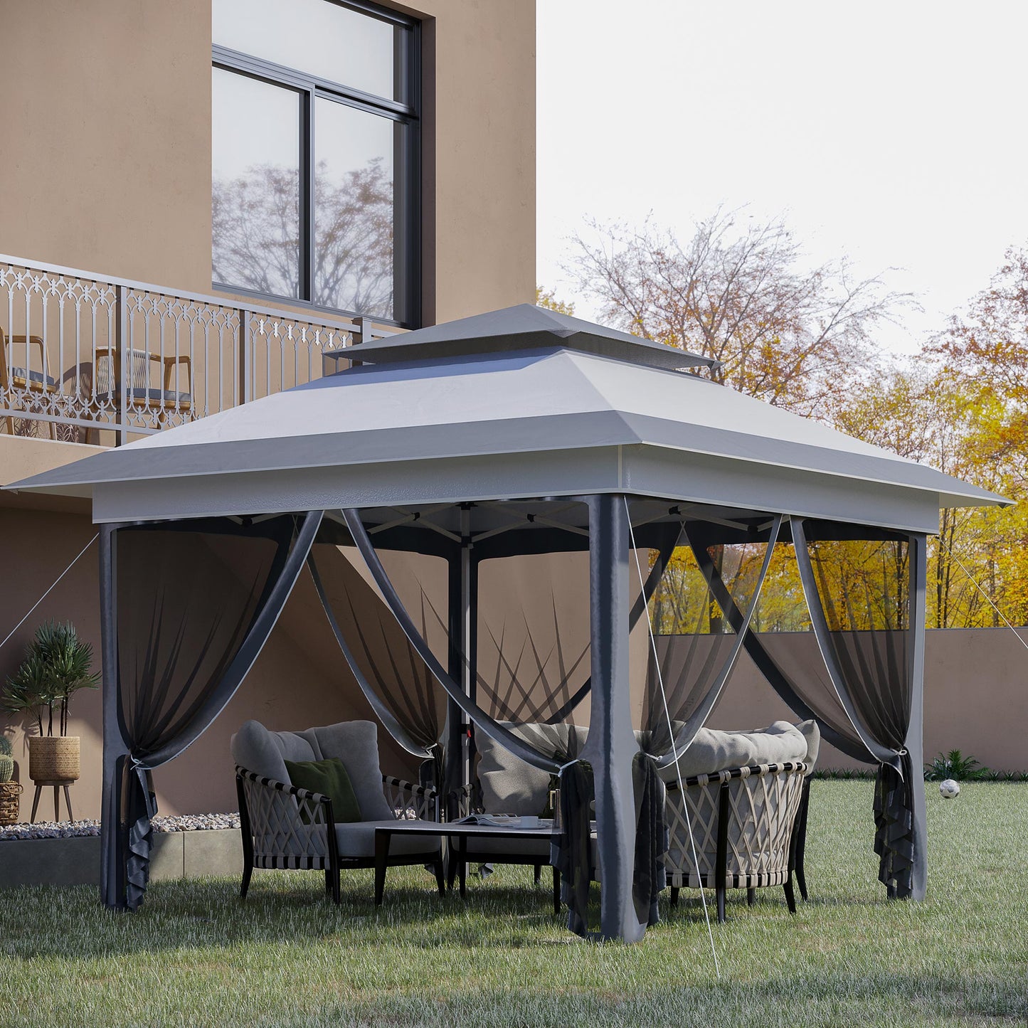 Outsunny 12'x12' Heavy Duty Pop Up Canopy with Center Lift Hook Design, Mesh Sidewall Netting, 3-Level Adjustable Height, Grey